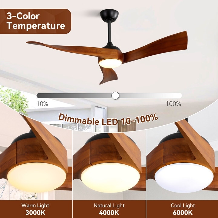 52 Wood 3-Blade Ceiling Fans with Dimmable LED Light and Remote, 6-Speed Reversible DC Motor - 52 inch