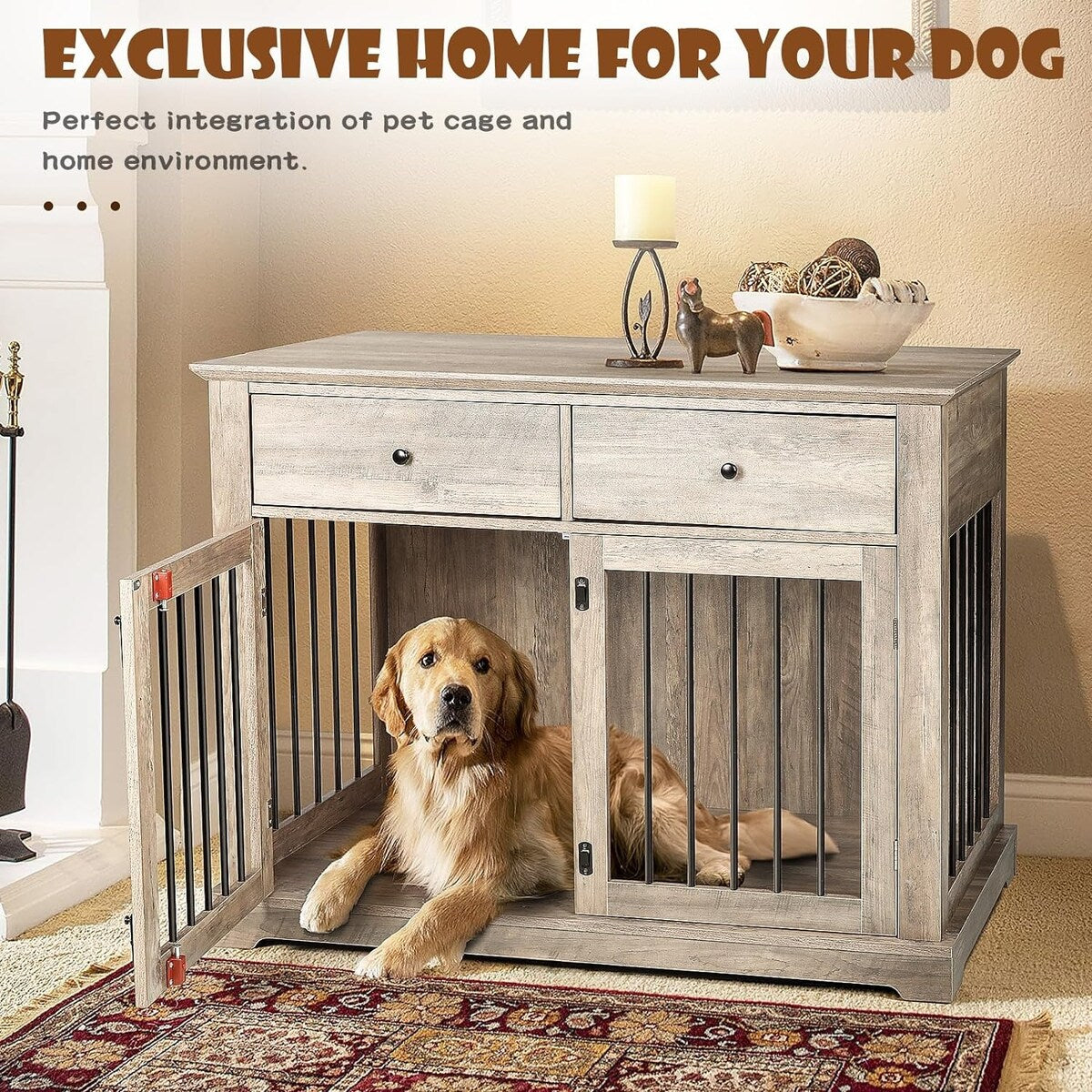BOSSIN 44 Inch Large Dog Crate Furniture, Wooden Dog Kennel End Table with Storage Drawers, Decorative Pet Crates Dog House