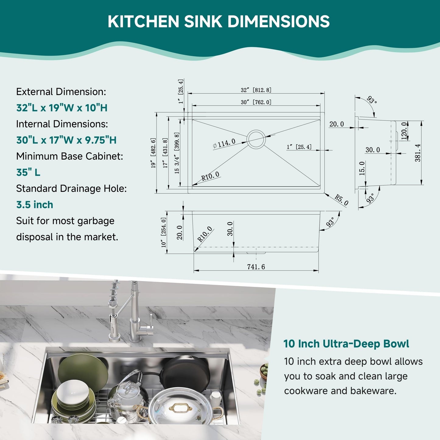 CB HOME 32'' Undermount Gold Kitchen Sink, Drop in Black/Stainless Steel Kitchen Sink, Single Bowl Kitchen Sink with Accessories