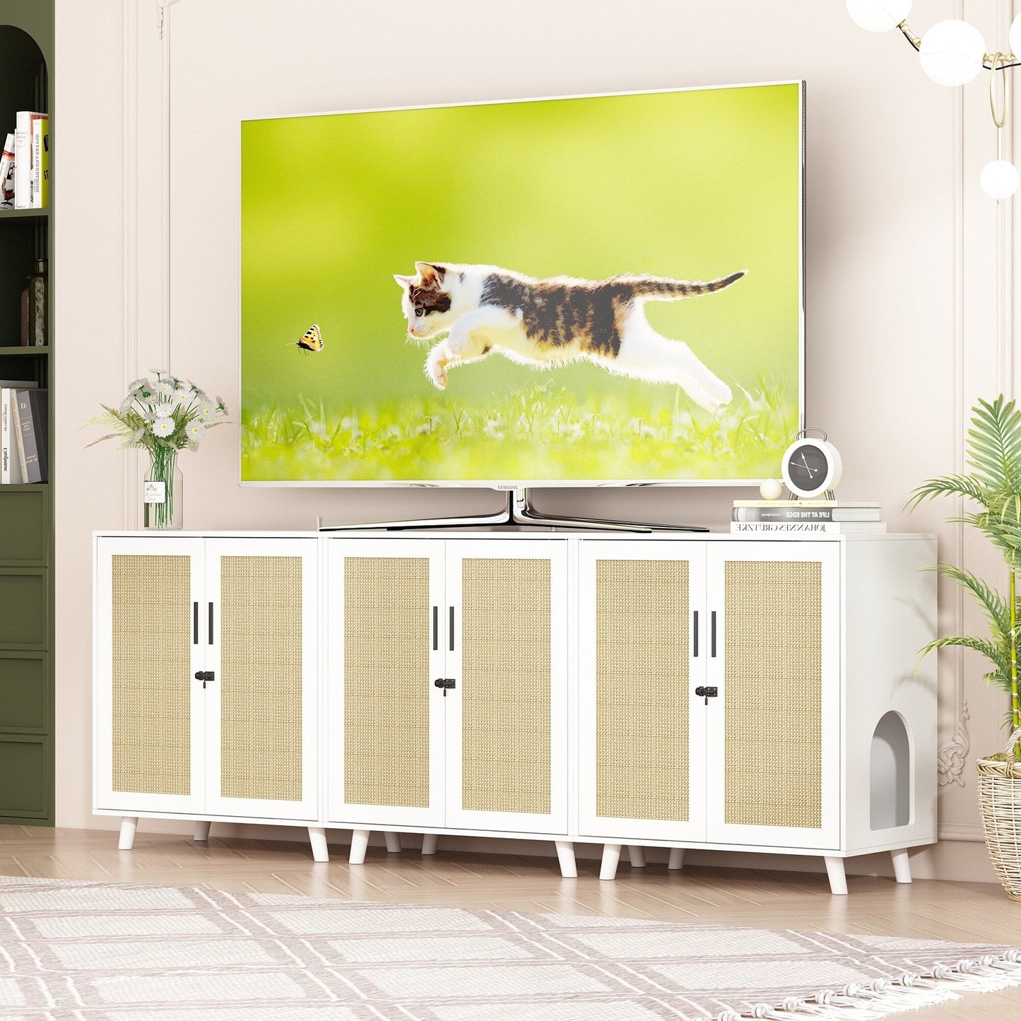 Cat Litter Box Enclosure Cat House Side Table Door Cabinet Bookcase