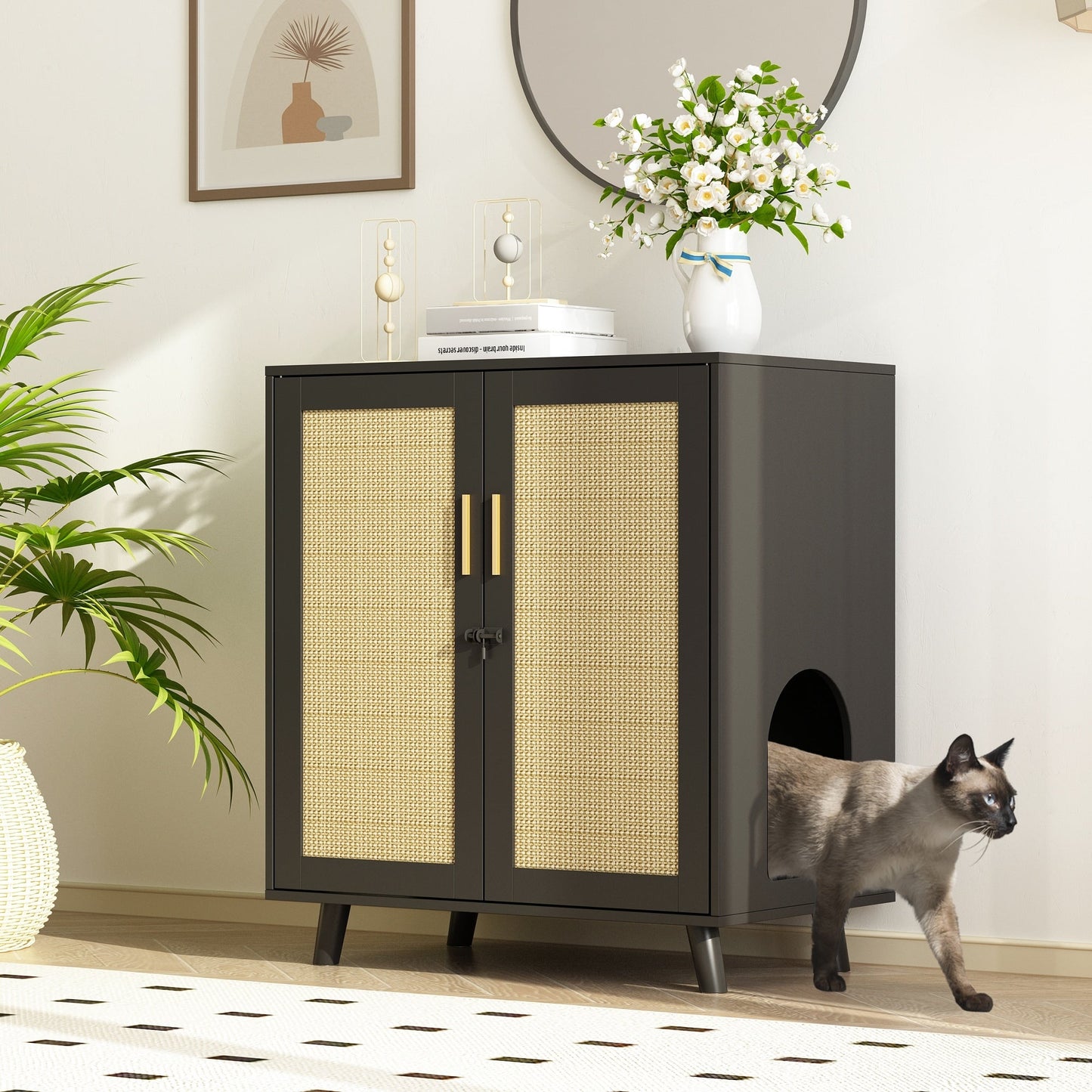 Cat Litter Box Enclosure Cat House Side Table Door Cabinet Bookcase