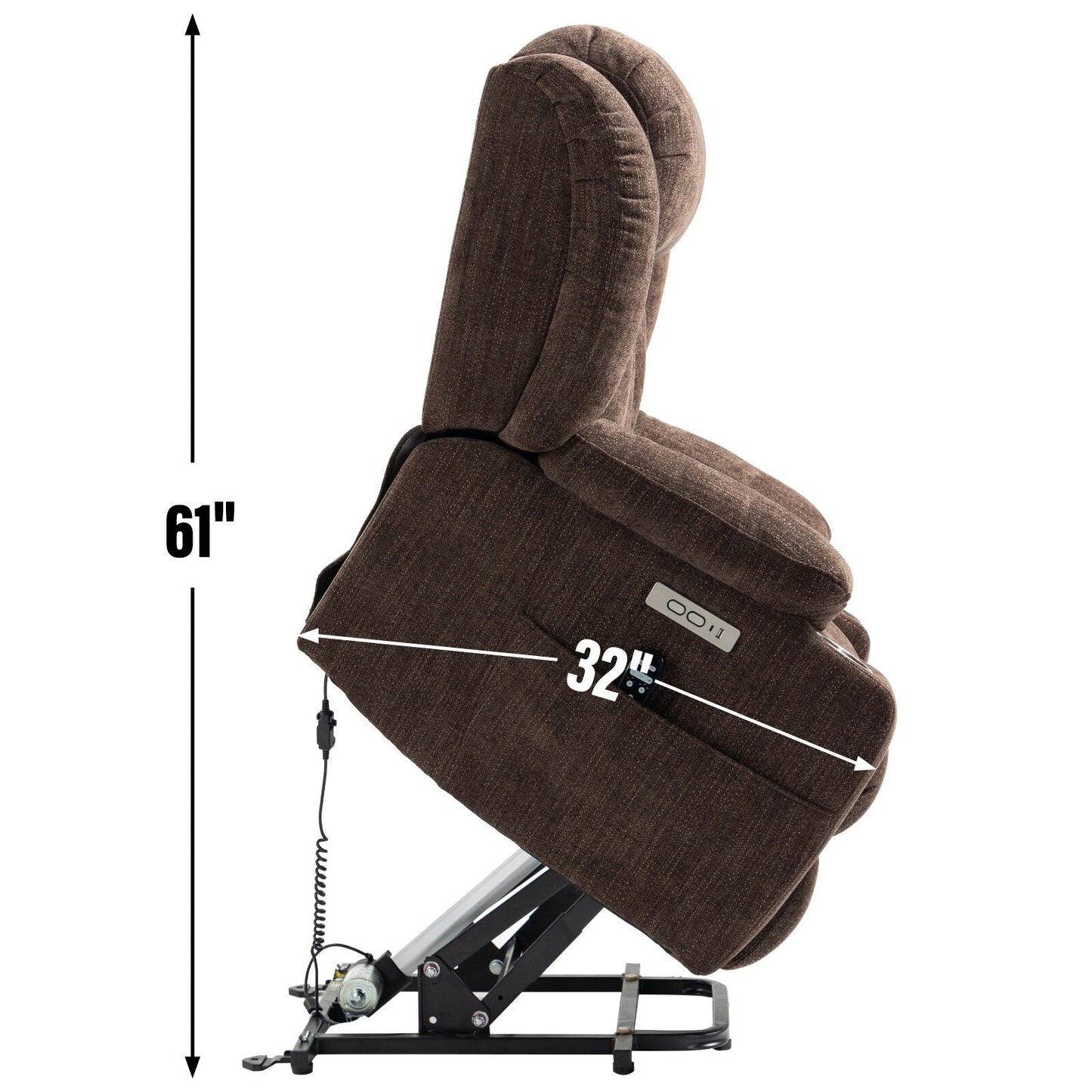 Grey Chenille Power Lift Recliner with Massage, Lumbar Heating, USB & Type-C Ports, and Stainless Steel Drink Holders