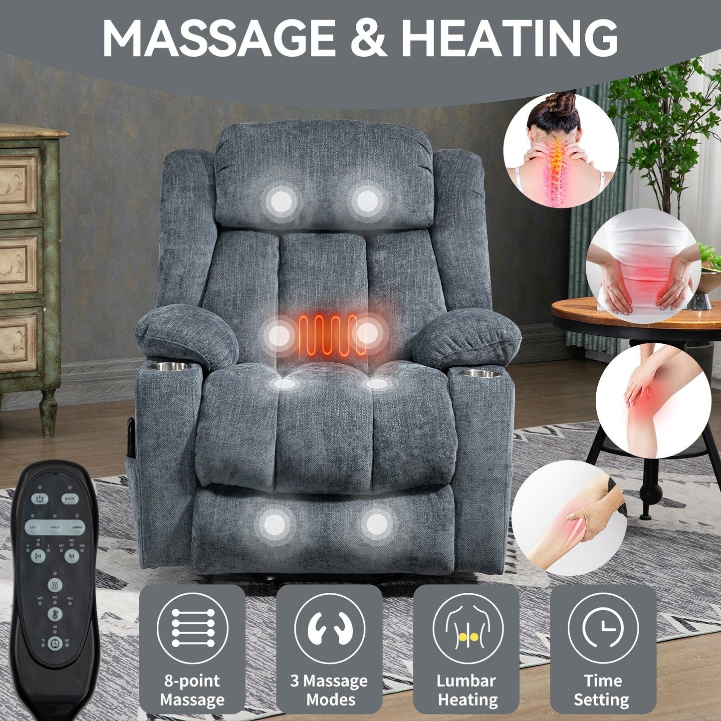 Grey Chenille Power Lift Recliner with Massage, Lumbar Heating, USB & Type-C Ports, and Stainless Steel Drink Holders