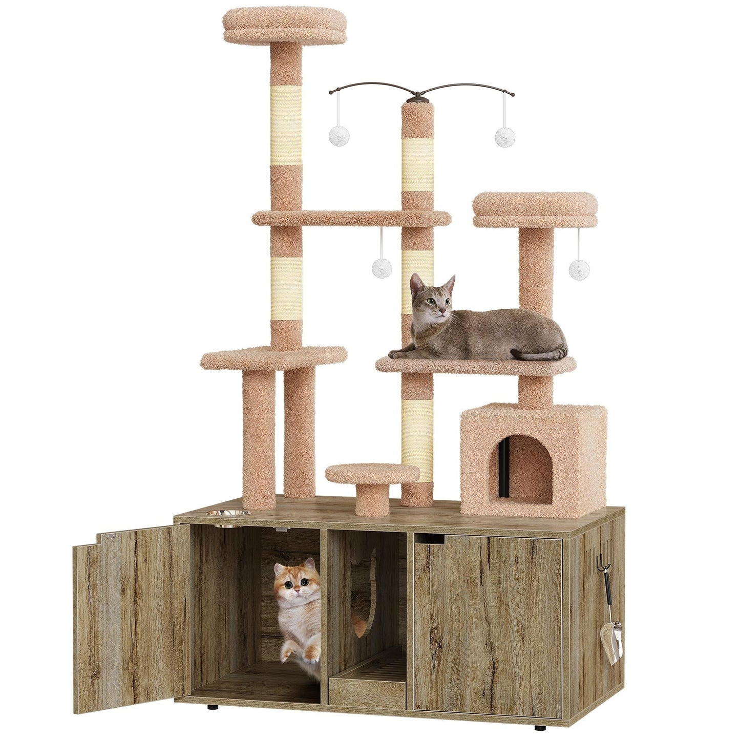 Moasis Double Cat Litter Box Enclosure with Scratching Post Cat Tree