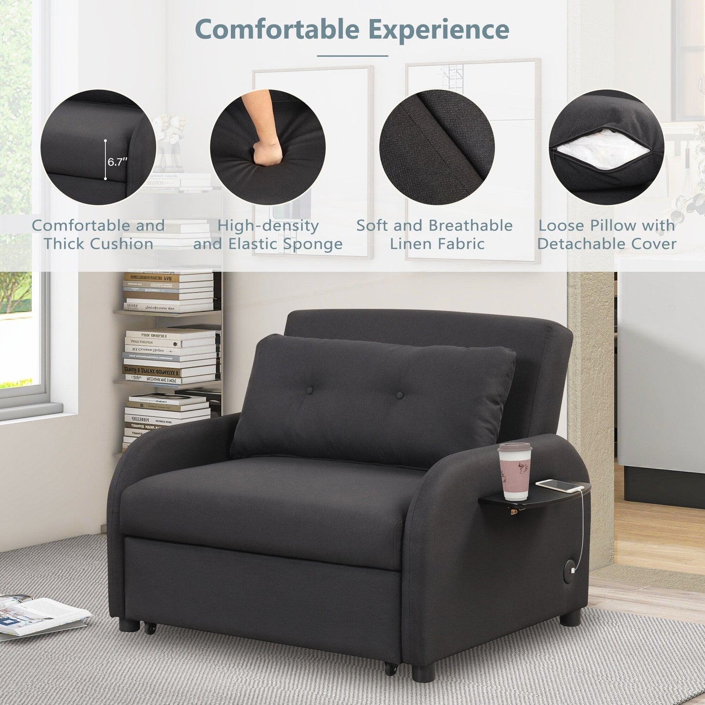 Pull Out Sofa Sleeper 3 in 1 with 2 Wing Table
