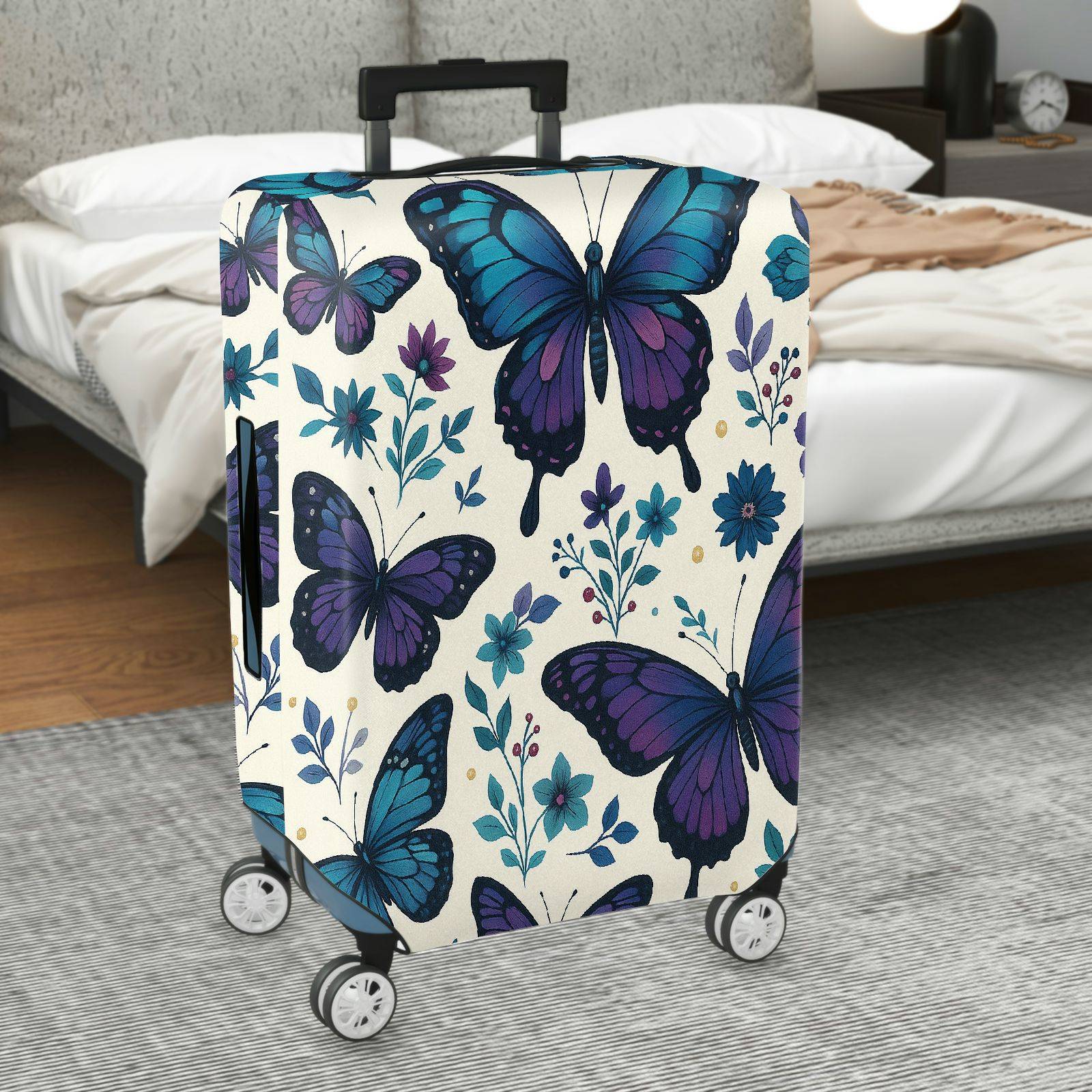 1-Piece Butterfly Floral Blue Purple Artistic Elegant Stylish  Suitcase Luggage Cover, Stretch Protective Sleeve