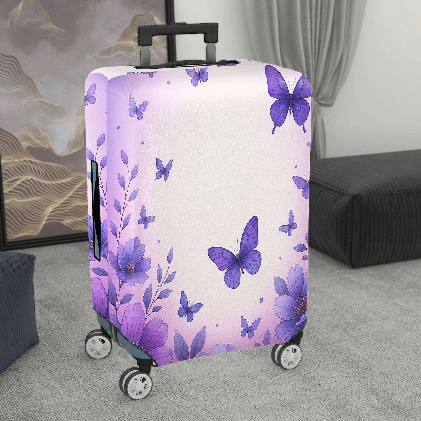 1-Piece Purple Butterfly Floral Pastoral Romantic Elegant  Suitcase Luggage Cover, Stretch Protective Sleeve