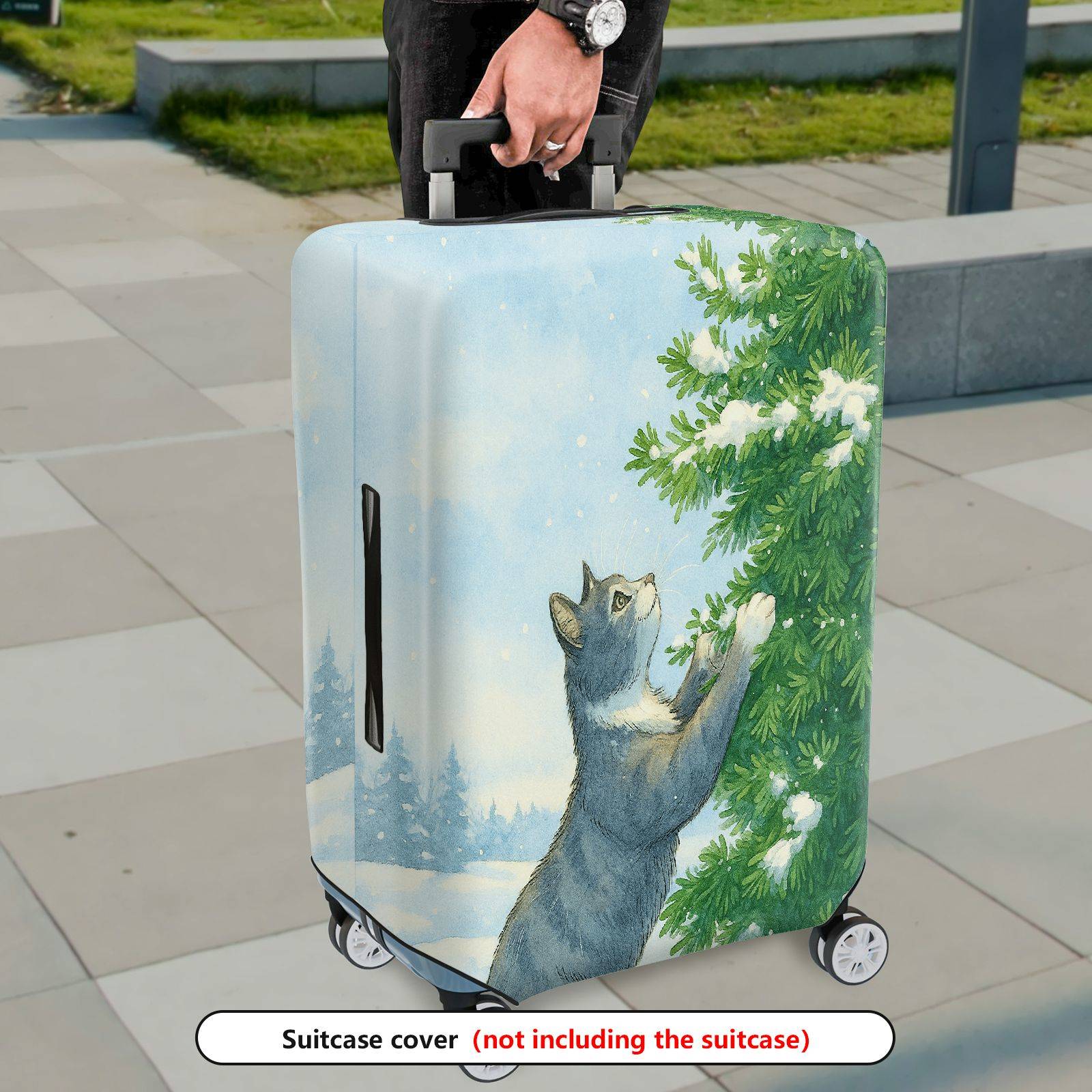 1-Piece Cat Winter Snow Christmas Tree Holiday  Suitcase Luggage Cover, Stretch Protective Sleeve