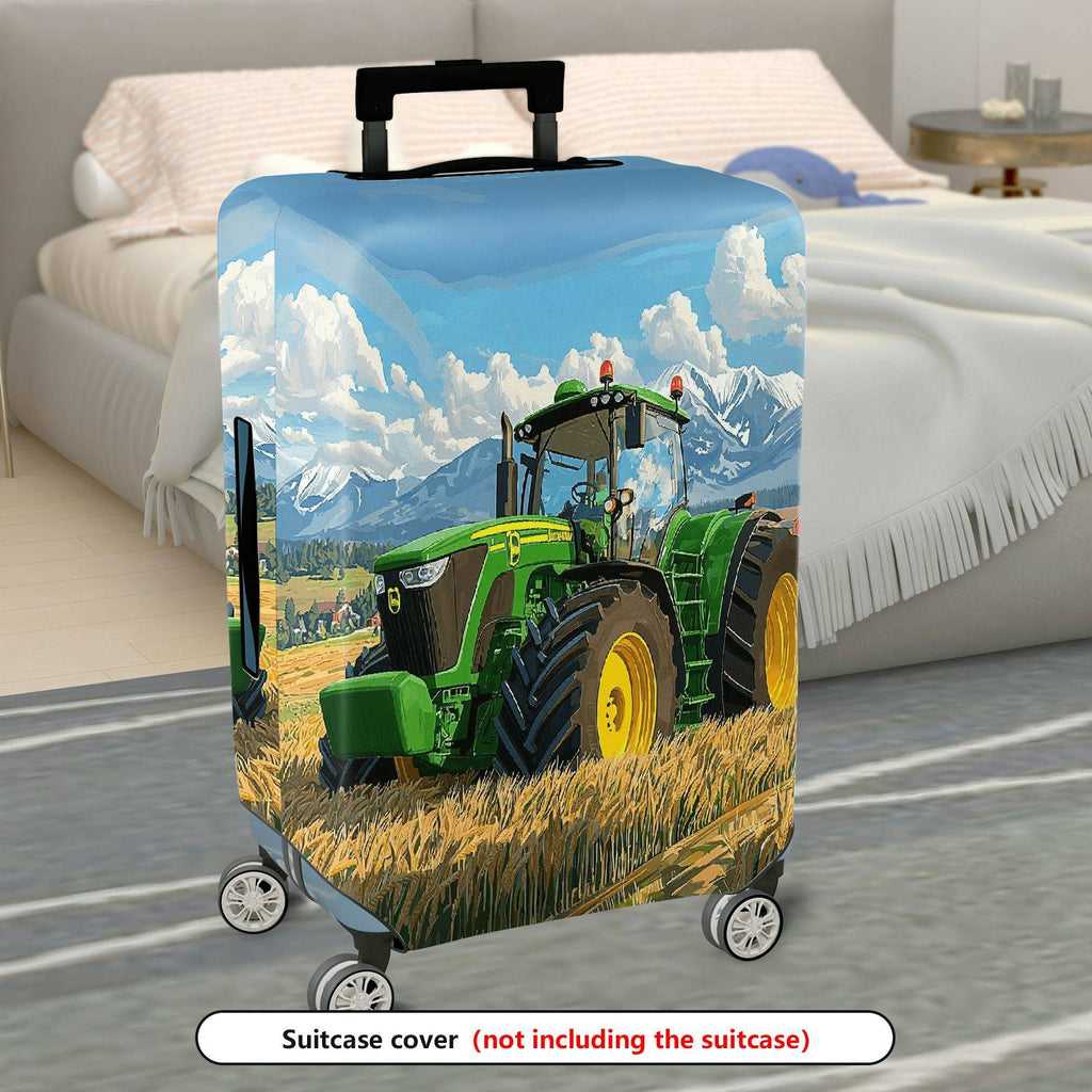 1-Piece Green Tractor Field Mountain Rural Landscape  Suitcase Luggage Cover, Stretch Protective Sleeve