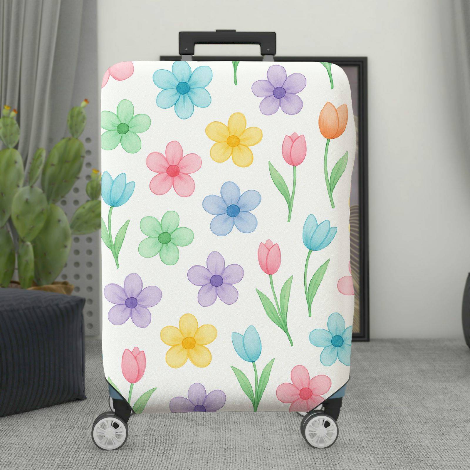1-Piece Floral Colorful Spring Flower Tulip Pastel  Suitcase Luggage Cover, Stretch Protective Sleeve