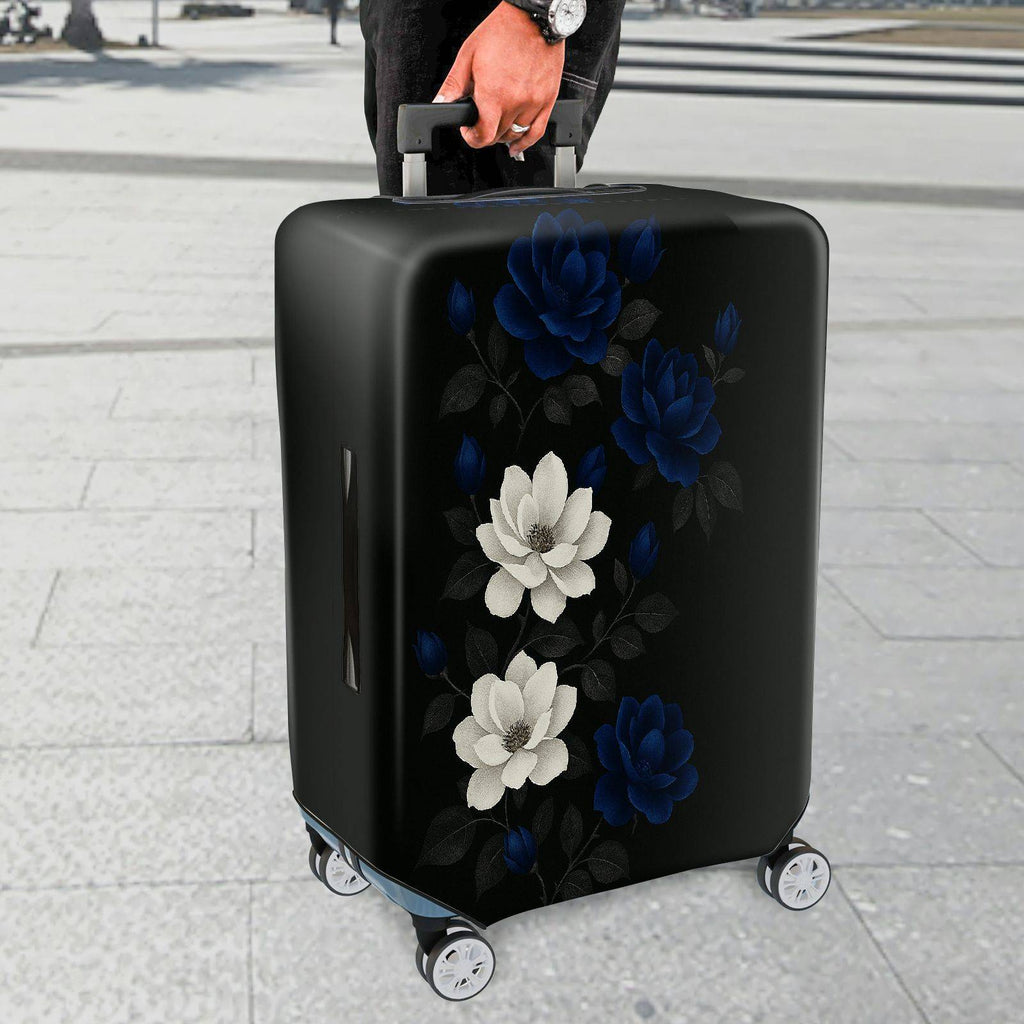 1-Piece Black Floral White Blue Elegant Chic Artistic  Suitcase Luggage Cover, Stretch Protective Sleeve