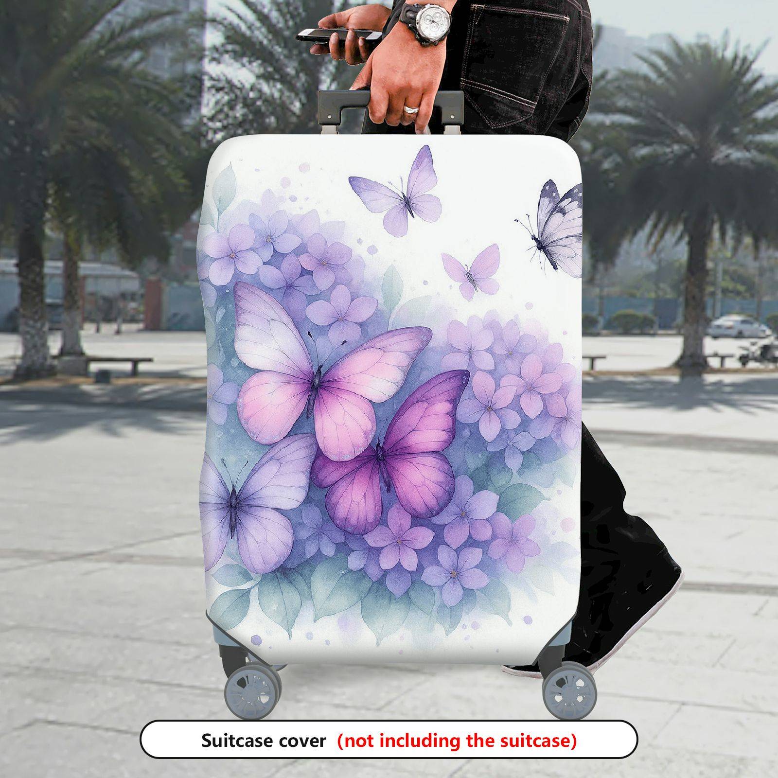 1-Piece Butterfly Floral Pastel Elegant Artistic  Suitcase Luggage Cover, Stretch Protective Sleeve