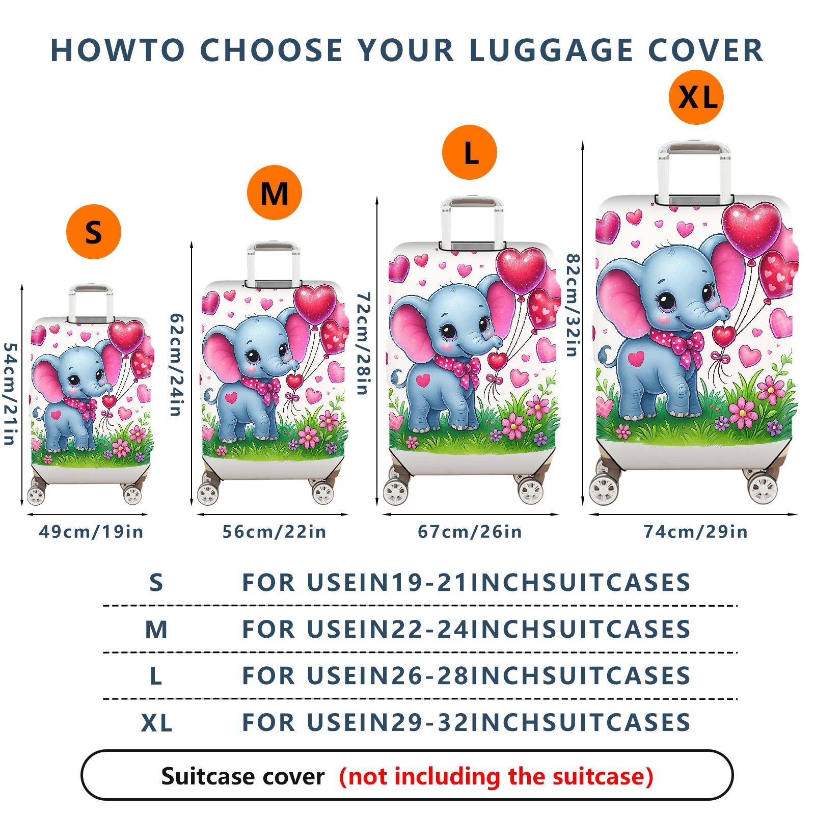 1-Piece Cute Elephant Heart Flower Balloon Valentine  Suitcase Luggage Cover, Stretch Protective Sleeve