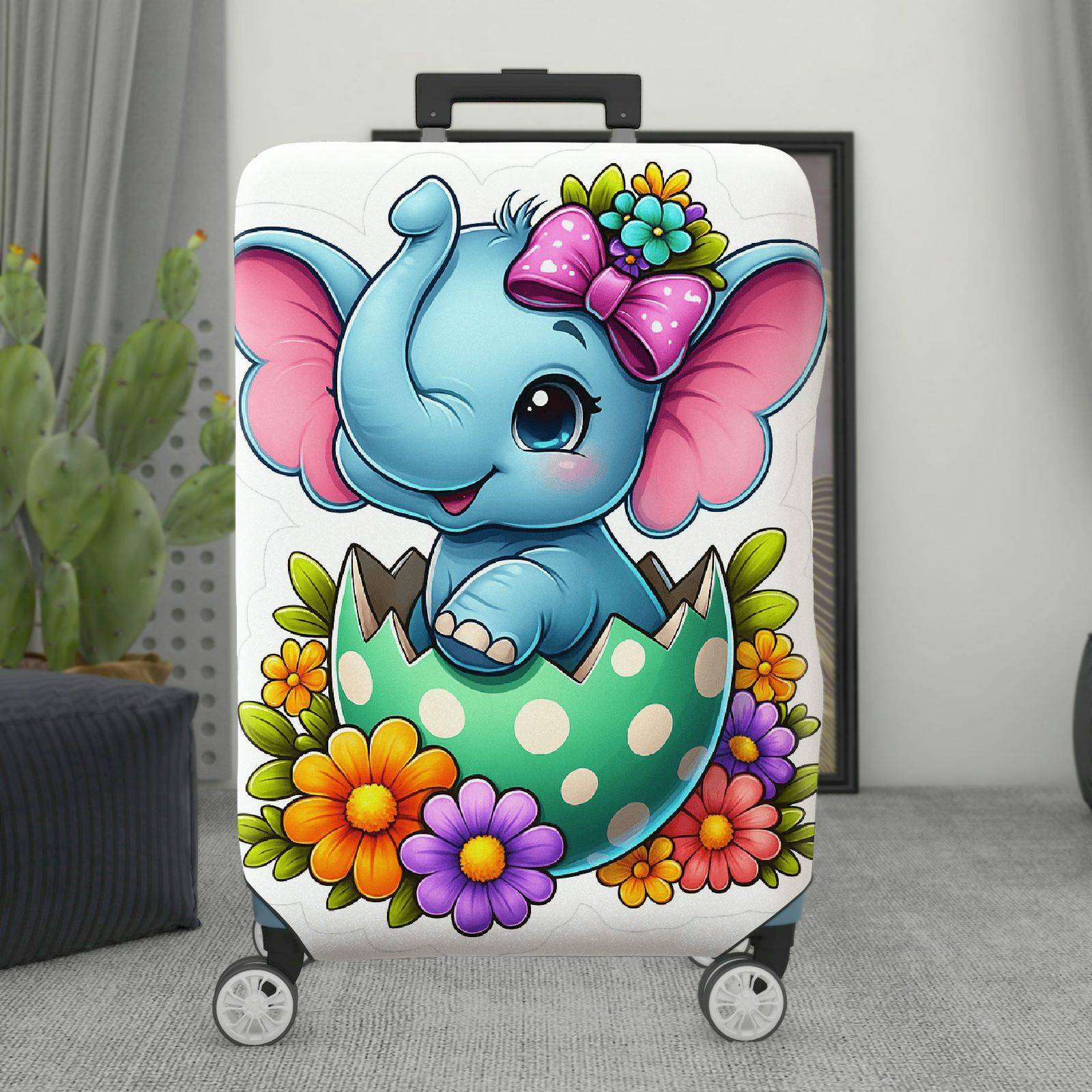 1-Piece Cute Elephant Floral Egg Bow  Suitcase Luggage Cover, Stretch Protective Sleeve