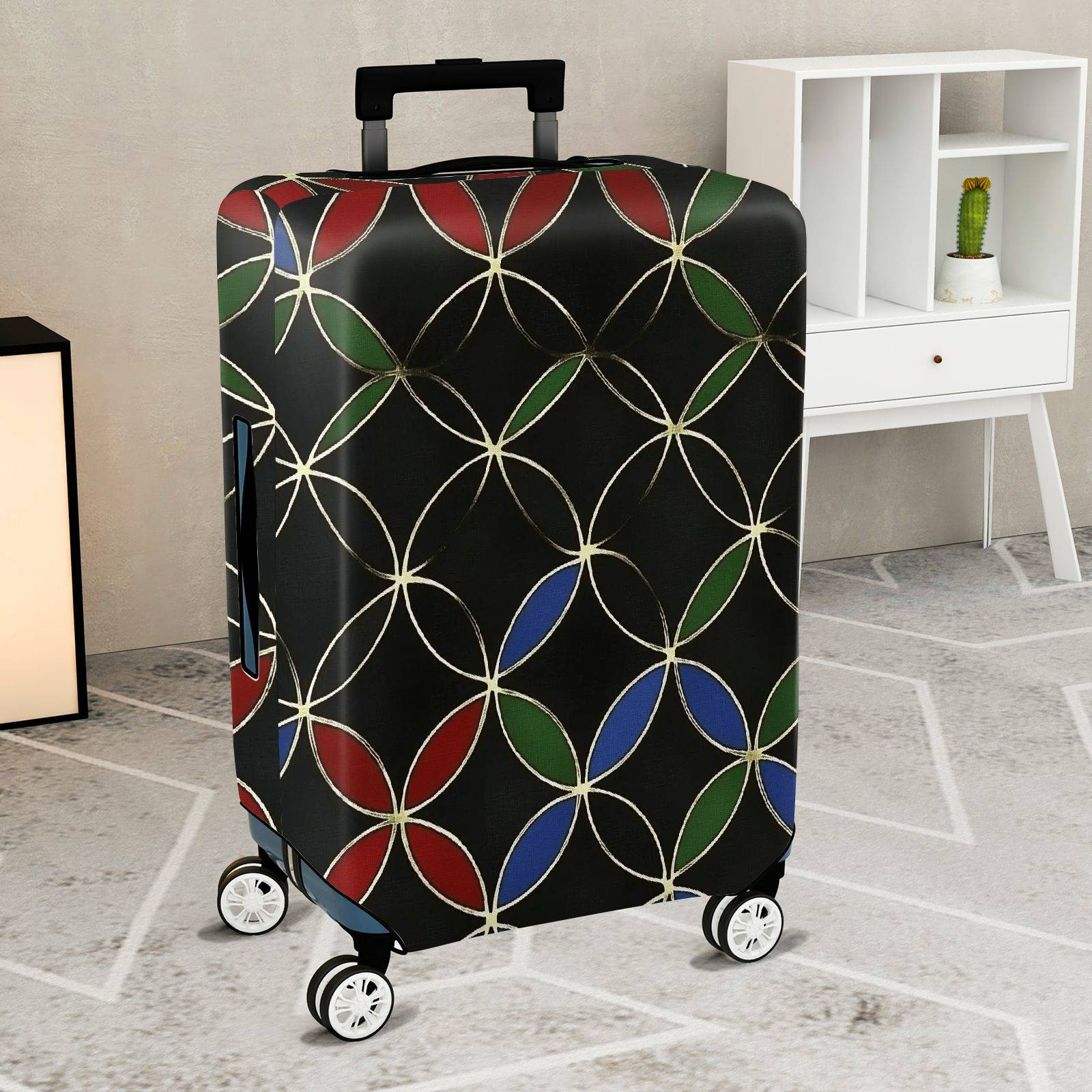 1-Piece Geometric Modern Chic Multicolor Artistic Black  Suitcase Luggage Cover, Stretch Protective Sleeve