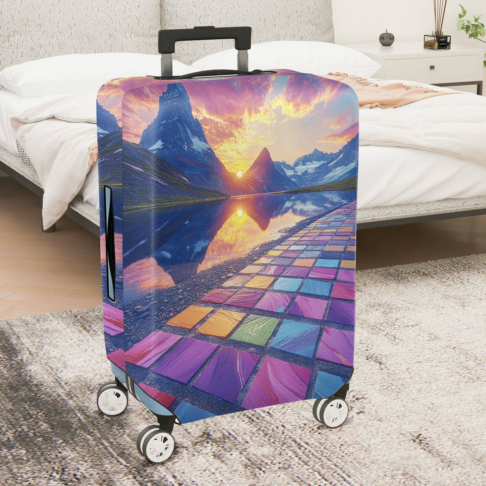 1-Piece Sunset Mountain Reflection Colorful Geometric Scenic  Suitcase Luggage Cover, Stretch Protective Sleeve