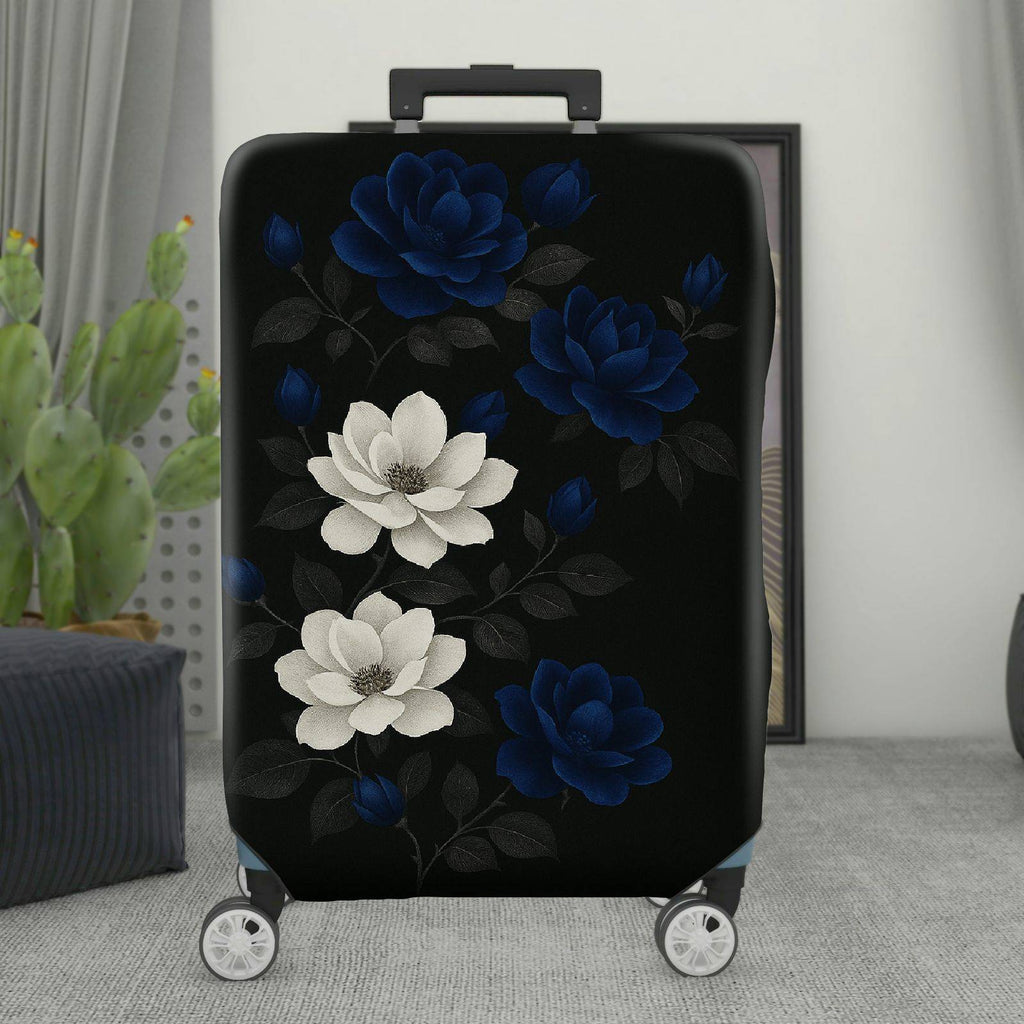1-Piece Black Floral White Blue Elegant Chic Artistic  Suitcase Luggage Cover, Stretch Protective Sleeve