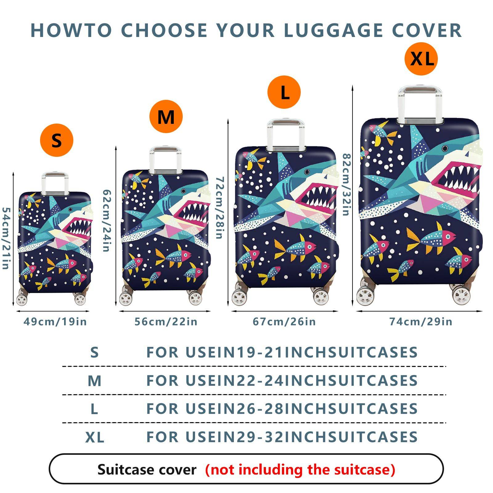 1-Piece Geometric Colorful Shark Ocean Fish Underwater  Suitcase Luggage Cover, Stretch Protective Sleeve