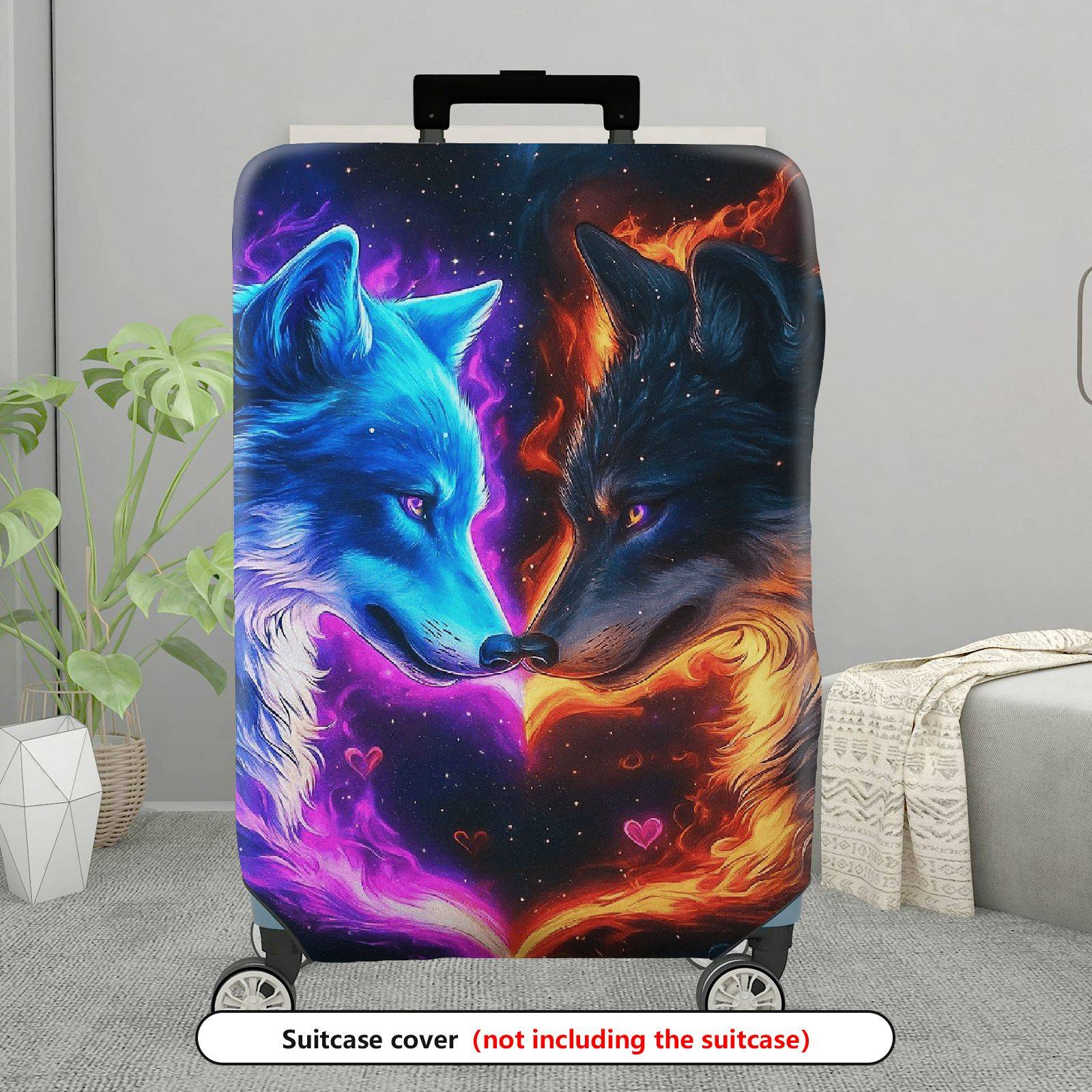 1-Piece Cosmic Wolf Fire Ice Heart  Suitcase Luggage Cover, Stretch Protective Sleeve