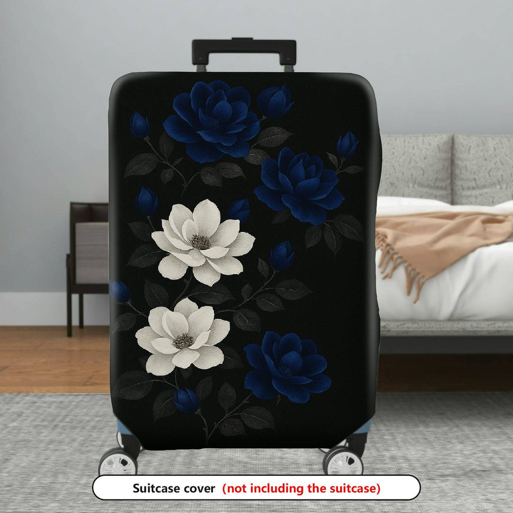 1-Piece Black Floral White Blue Elegant Chic Artistic  Suitcase Luggage Cover, Stretch Protective Sleeve