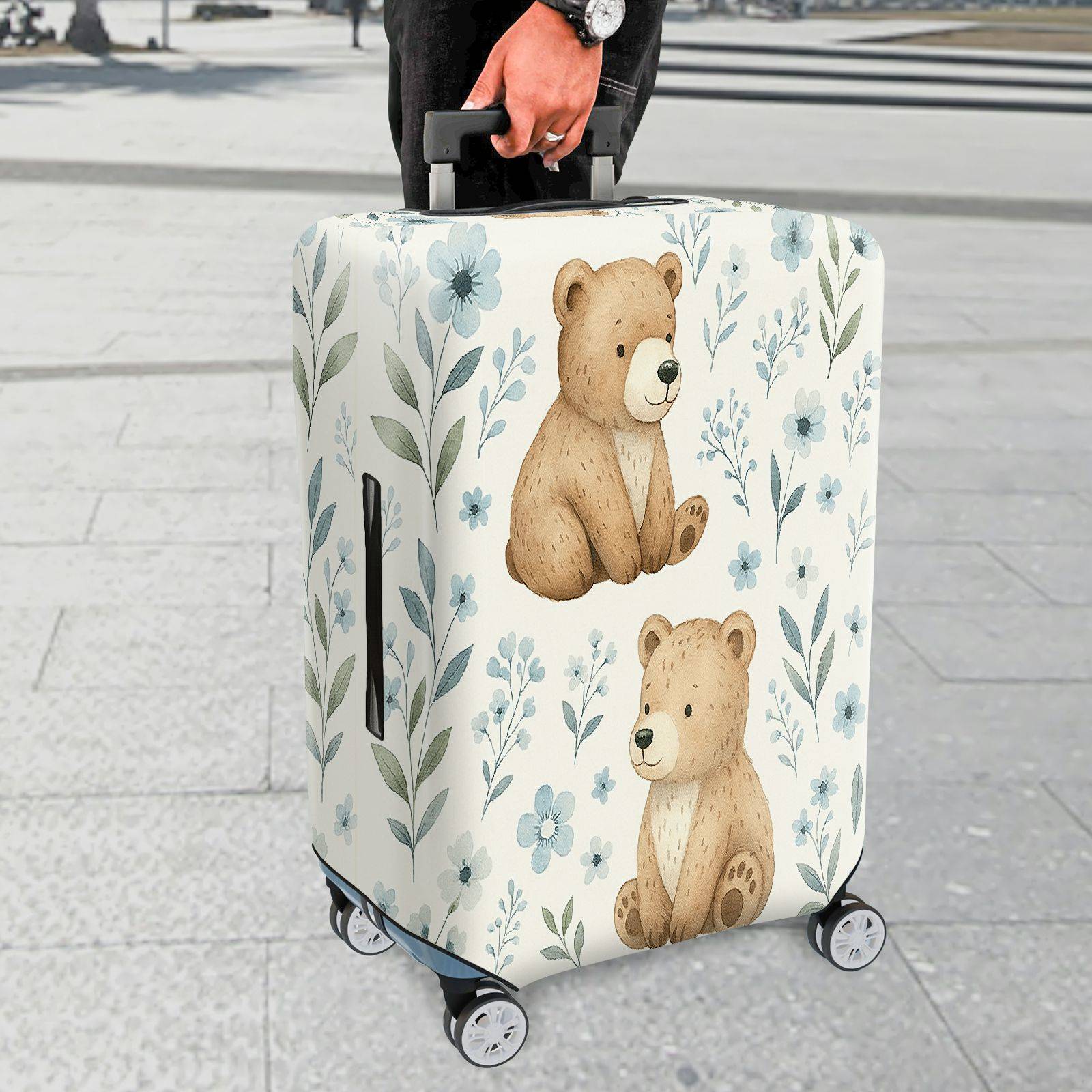 1-Piece Cute Bear Floral Nature Artistic Animal  Suitcase Luggage Cover, Stretch Protective Sleeve