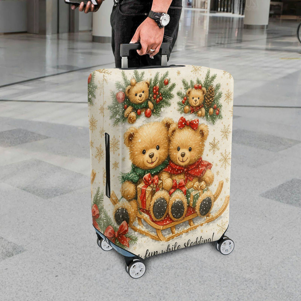 1-Piece Christmas Teddy Bear Snow Winter Holiday  Suitcase Luggage Cover, Stretch Protective Sleeve
