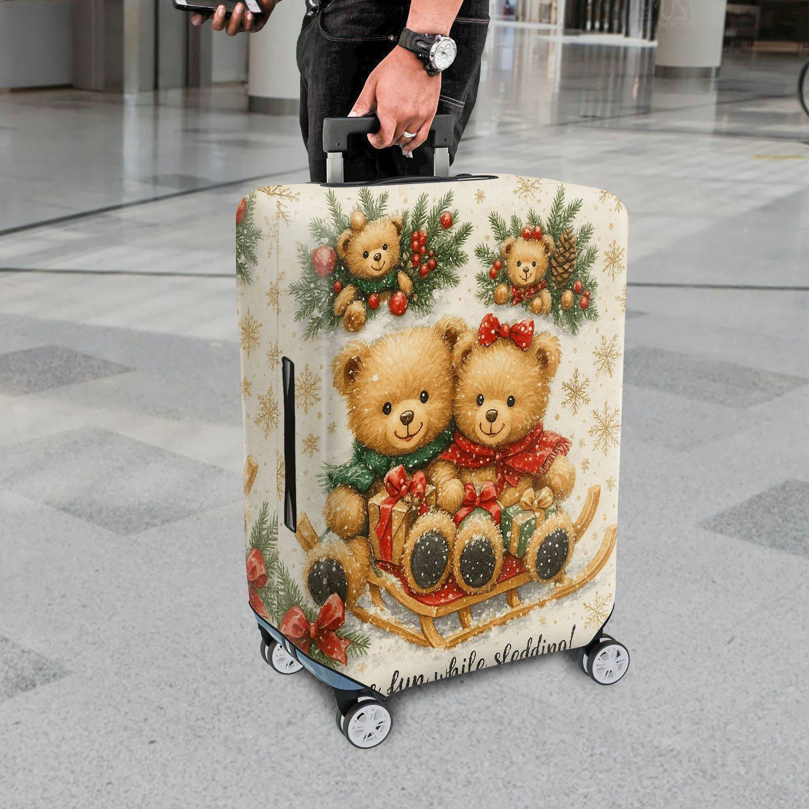 1-Piece Christmas Teddy Bear Snow Winter Holiday  Suitcase Luggage Cover, Stretch Protective Sleeve