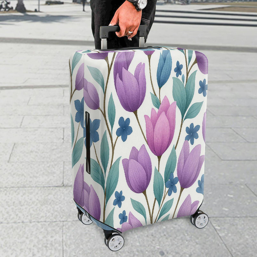 1-Piece Purple Floral Pattern Tulip Leaf Blue Blossom  Suitcase Luggage Cover, Stretch Protective Sleeve