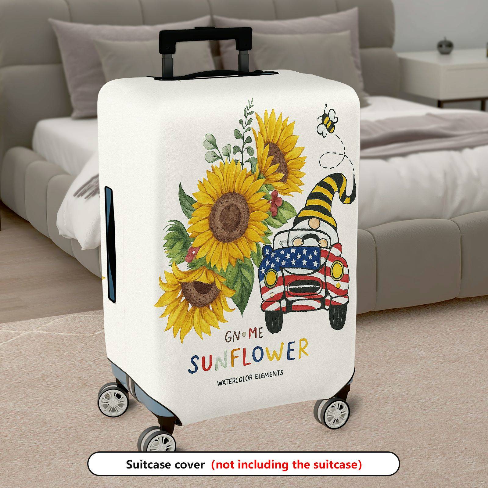 1-Piece Sunflower American Flag Gnome Car Artistic Travel Design  Suitcase Luggage Cover, Stretch Protective Sleeve