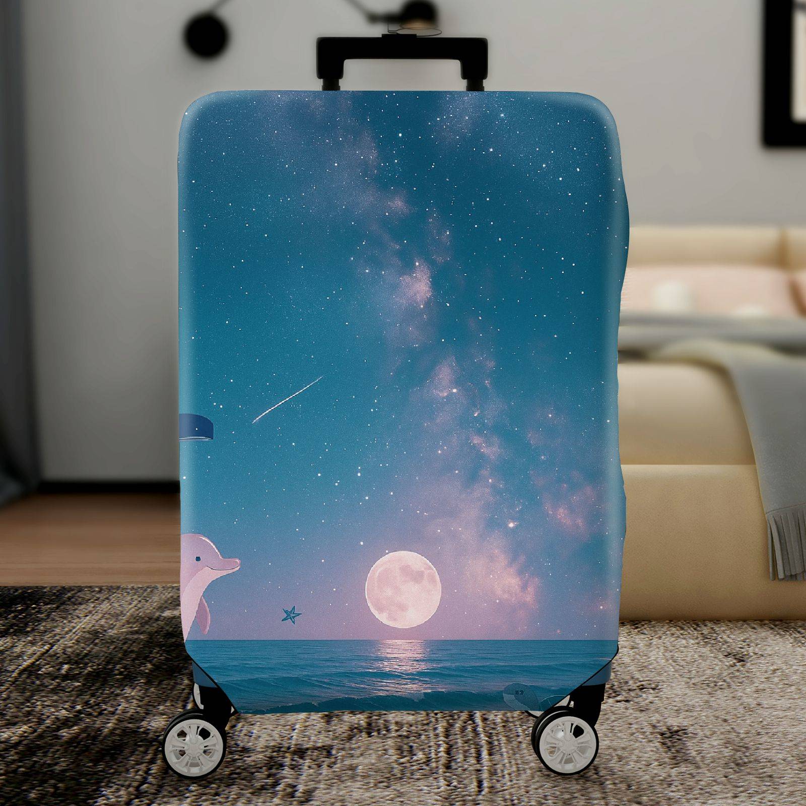 1-Piece Ocean Galaxy Dolphin Moon Night Sky Protector, Nautical theme, Holiday Suitable for  Suitcase Luggage Cover, Stretch Protective Sleeve