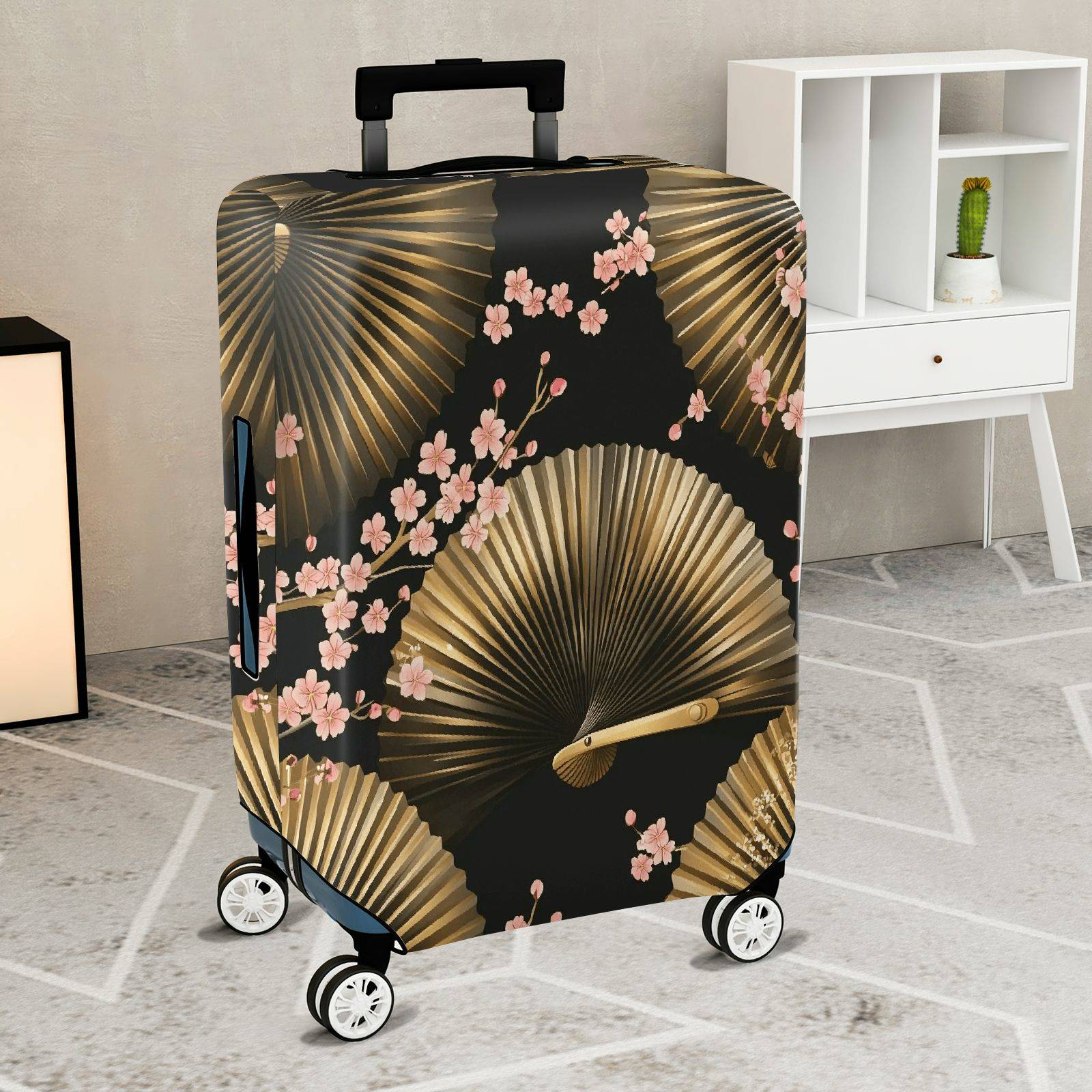 1-Piece Floral Gold Fan Geometric Black Cherry Blossom  Suitcase Luggage Cover, Stretch Protective Sleeve