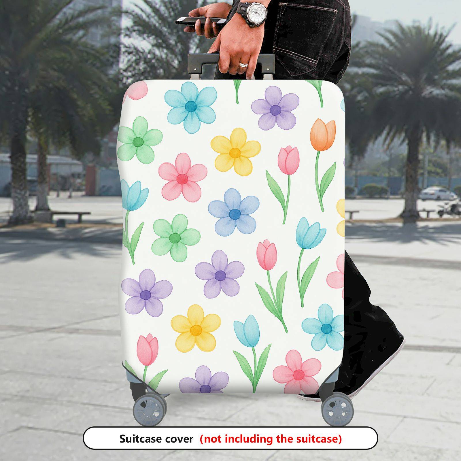 1-Piece Floral Colorful Spring Flower Tulip Pastel  Suitcase Luggage Cover, Stretch Protective Sleeve