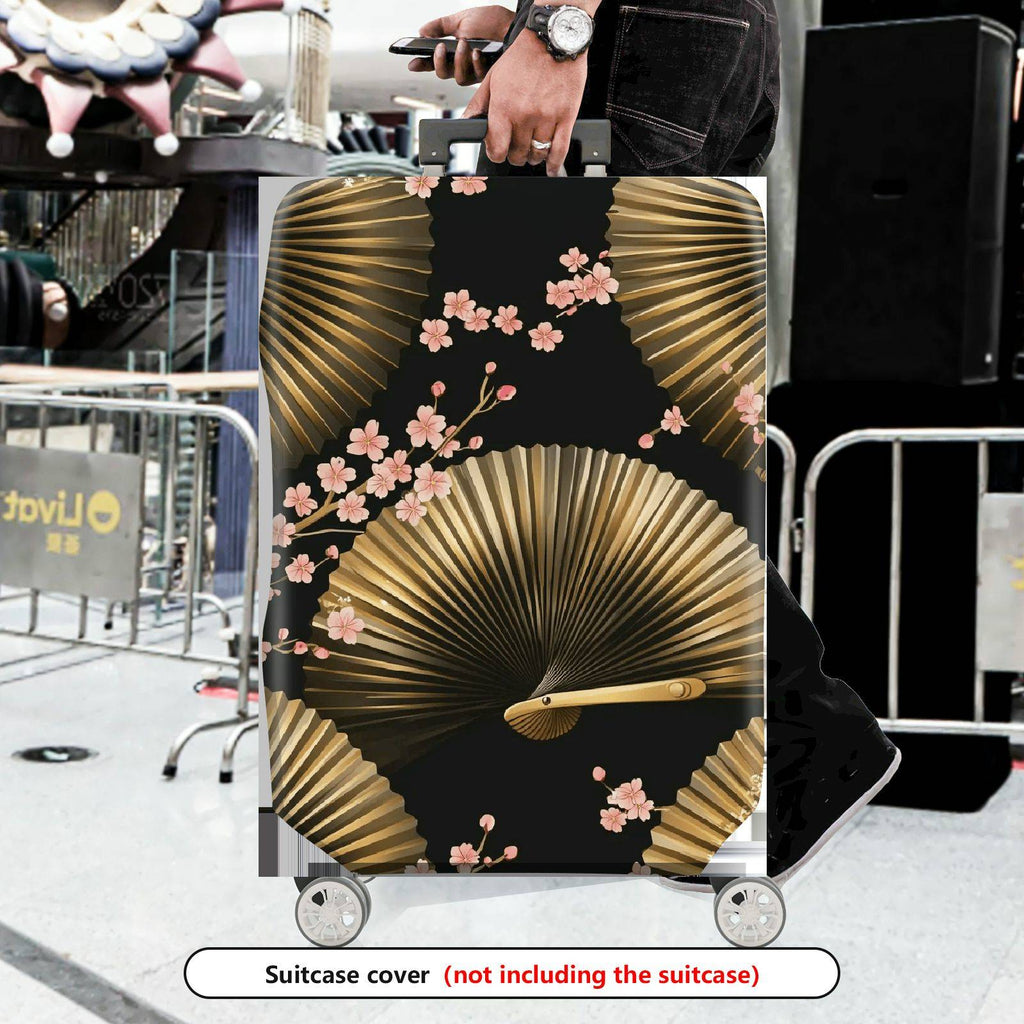 1-Piece Floral Gold Fan Geometric Black Cherry Blossom  Suitcase Luggage Cover, Stretch Protective Sleeve