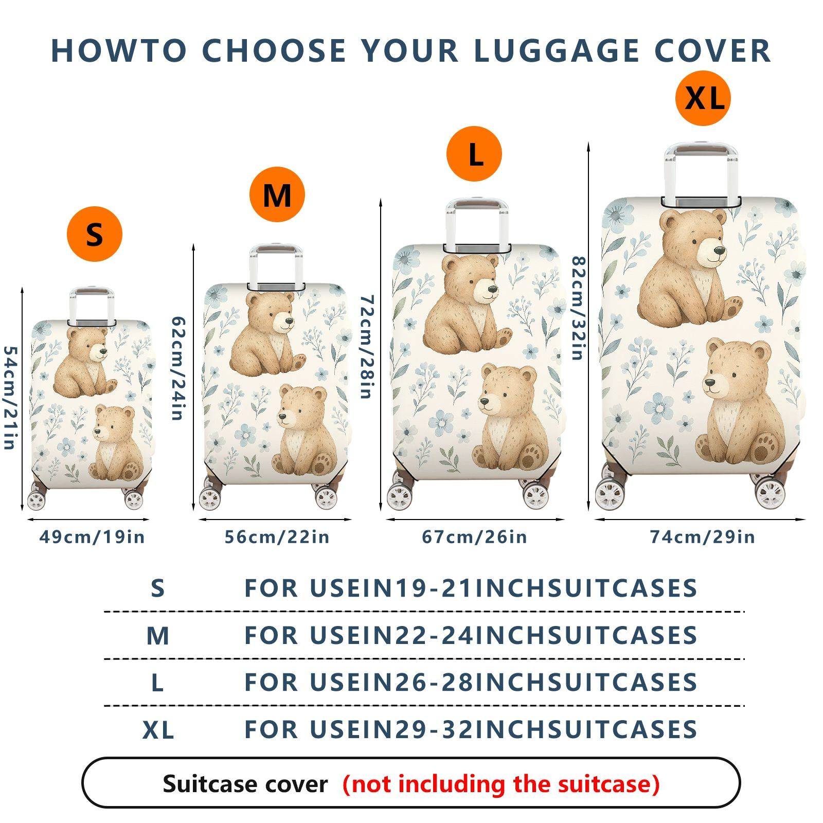 1-Piece Cute Bear Floral Nature Artistic Animal  Suitcase Luggage Cover, Stretch Protective Sleeve