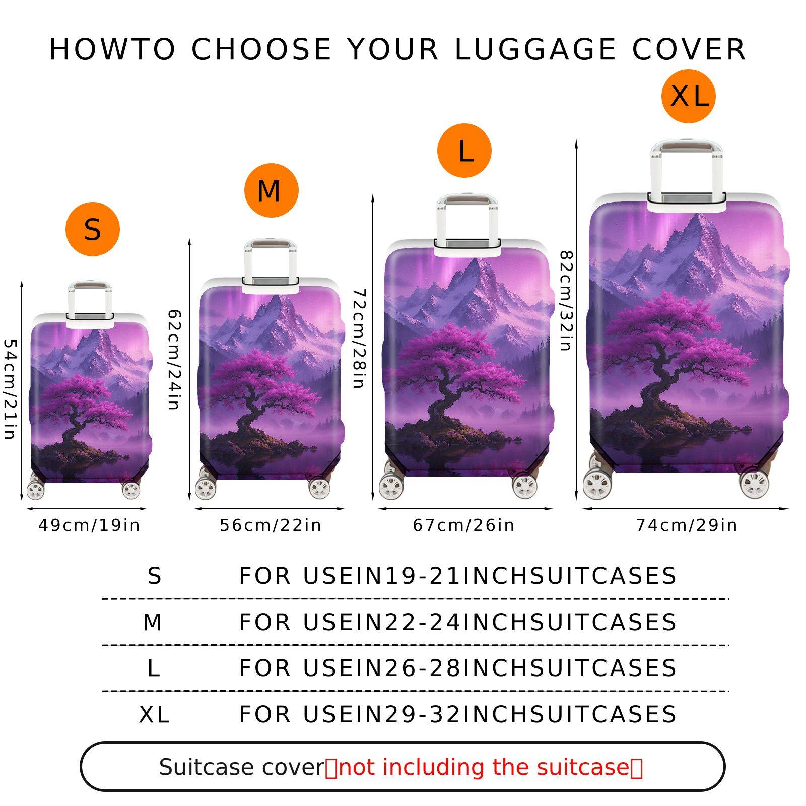 1-Piece Purple Mountain Aurora Landscape Sakura Tree Nature  Suitcase Luggage Cover, Stretch Protective Sleeve