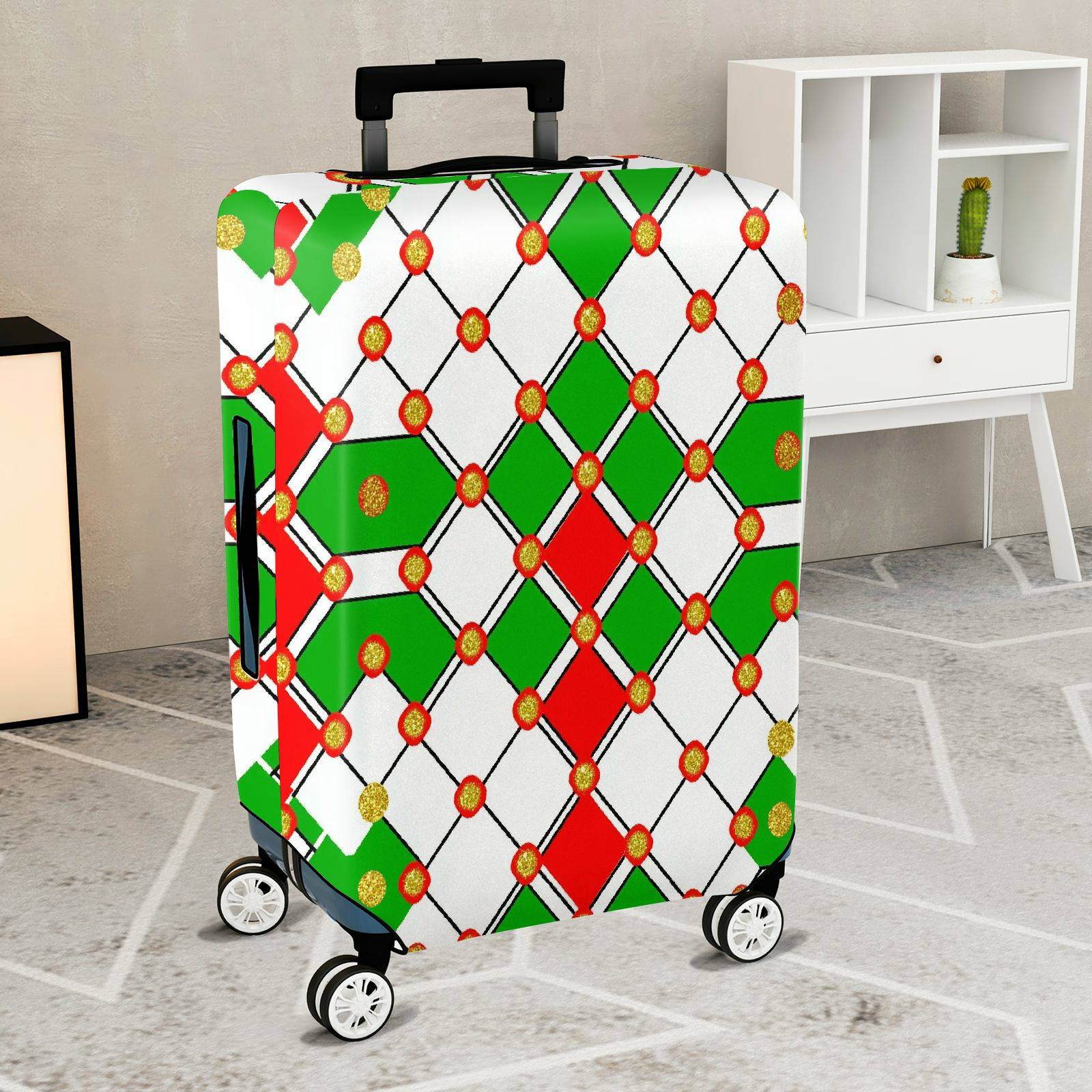 1-Piece Geometric Red Green White Gold Festive  Suitcase Luggage Cover, Stretch Protective Sleeve