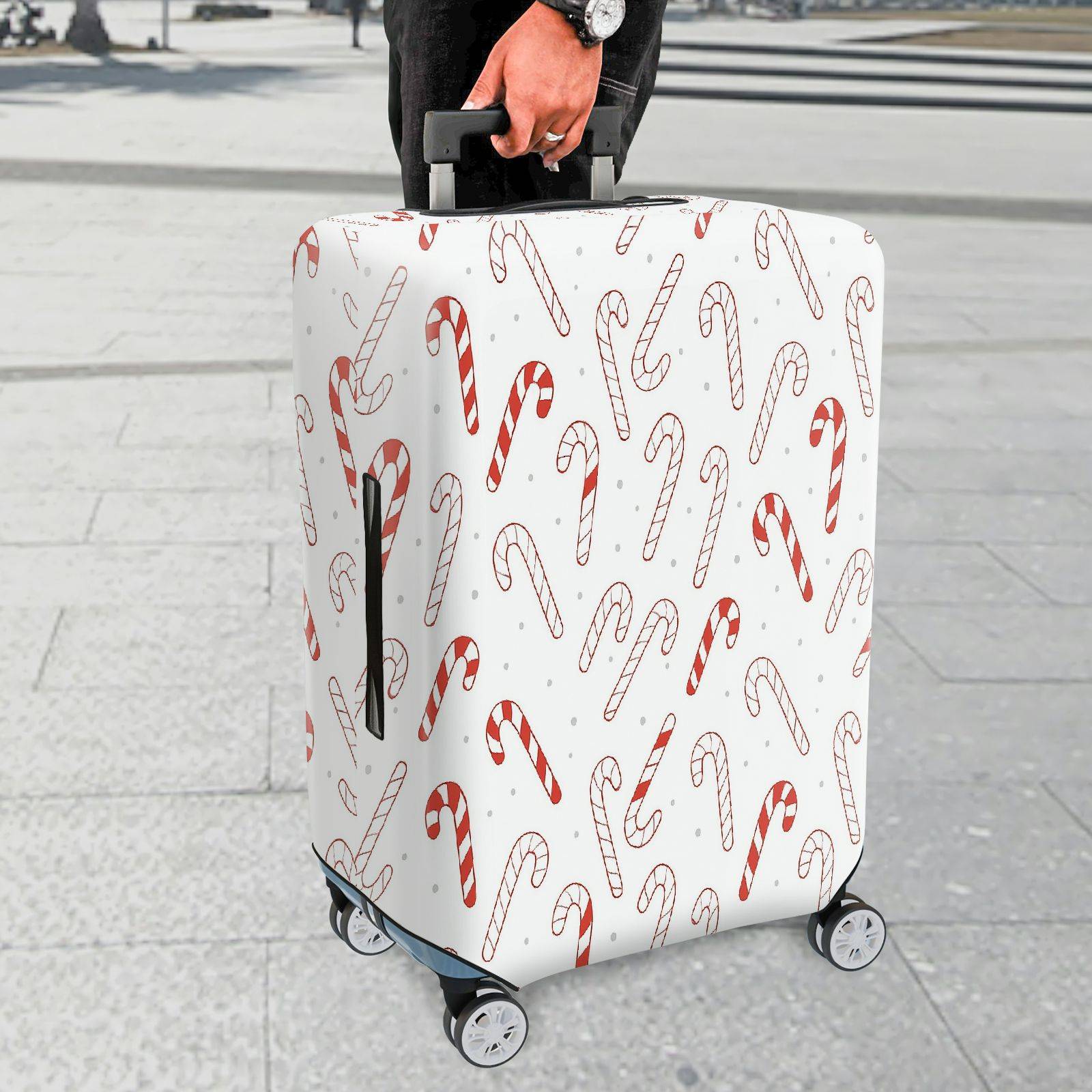 1-Piece Christmas Candy Cane Holiday Snow Festive  Suitcase Luggage Cover, Stretch Protective Sleeve