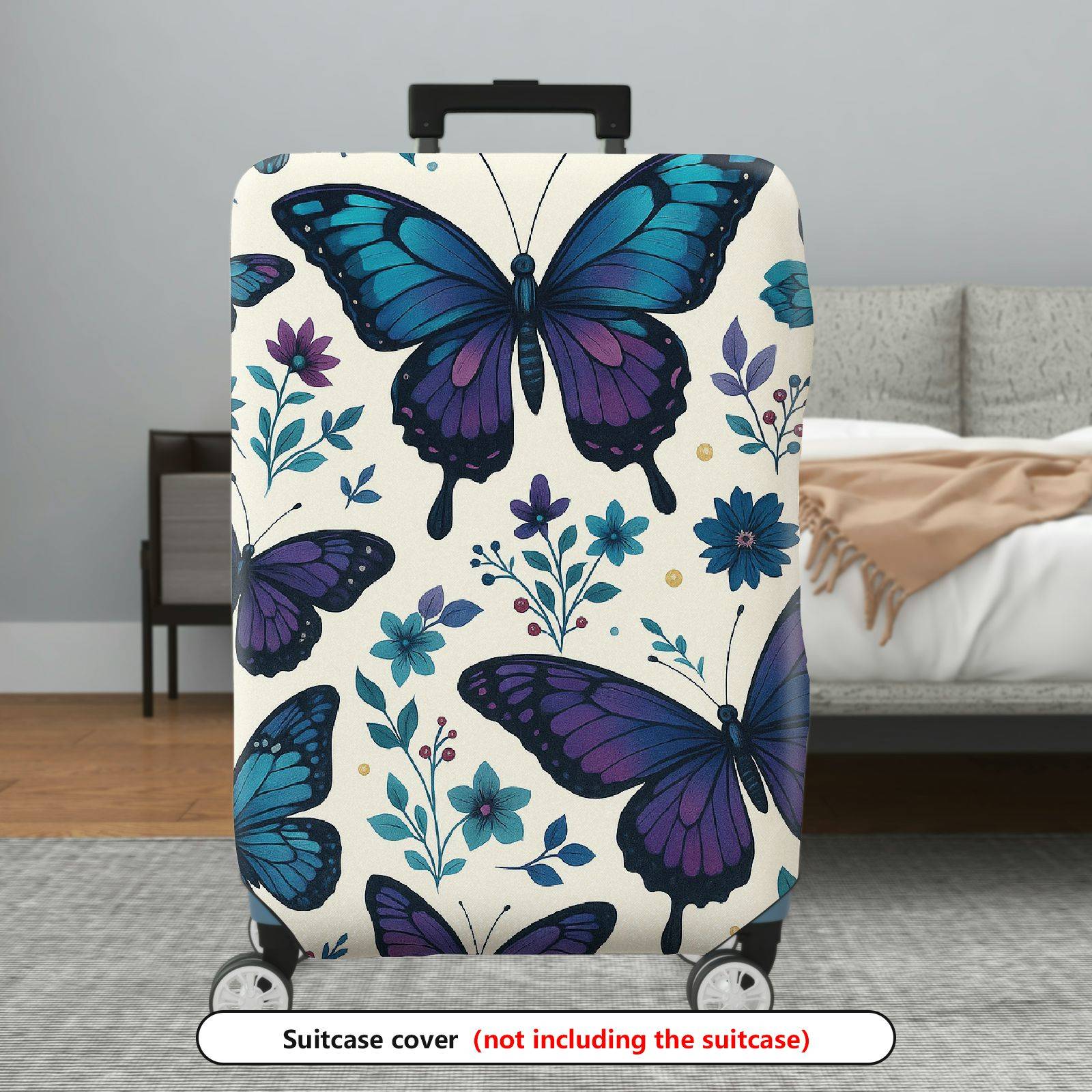 1-Piece Butterfly Floral Blue Purple Artistic Elegant Stylish  Suitcase Luggage Cover, Stretch Protective Sleeve