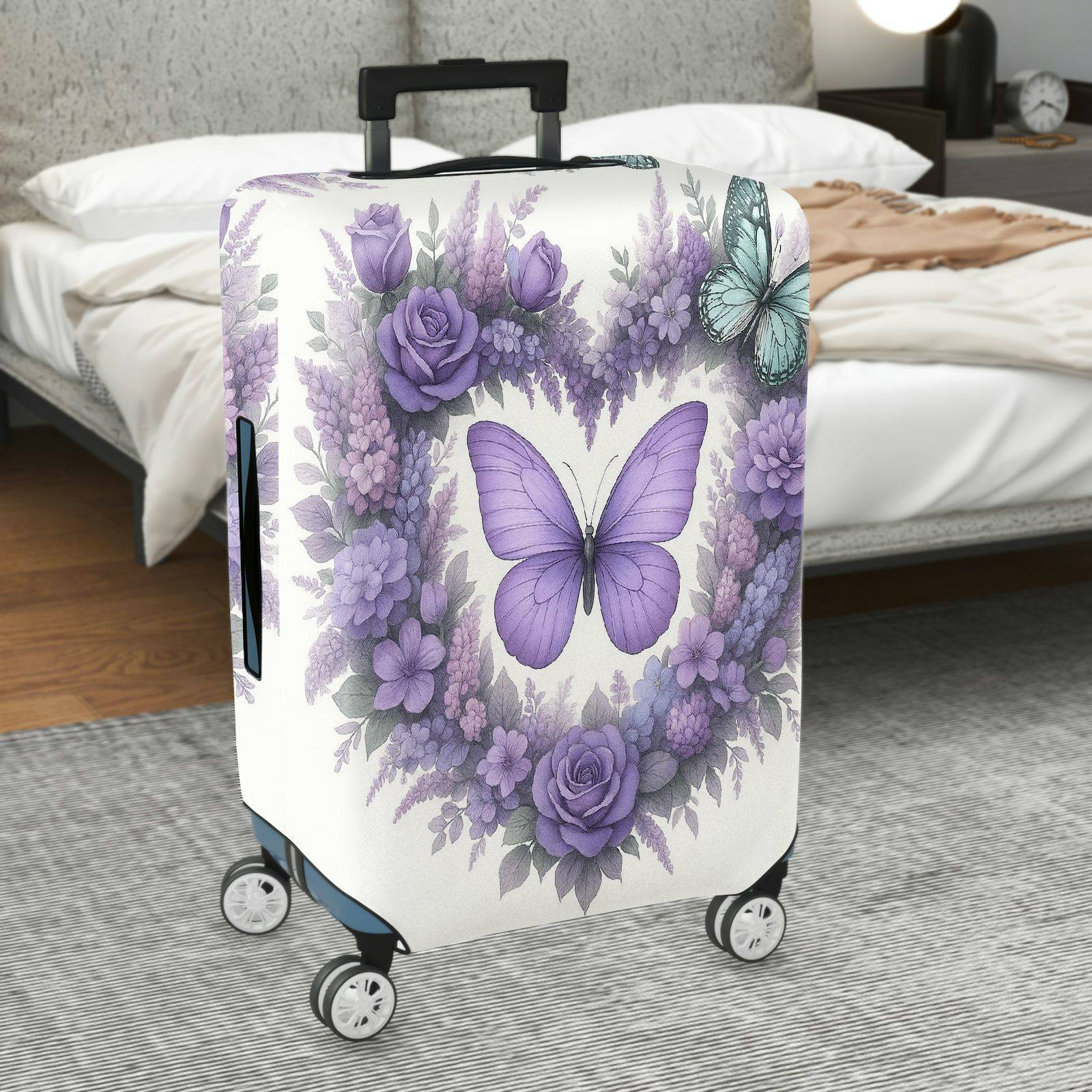 1-Piece Purple Butterfly Floral Rose Lavender Artistic  Suitcase Luggage Cover, Stretch Protective Sleeve