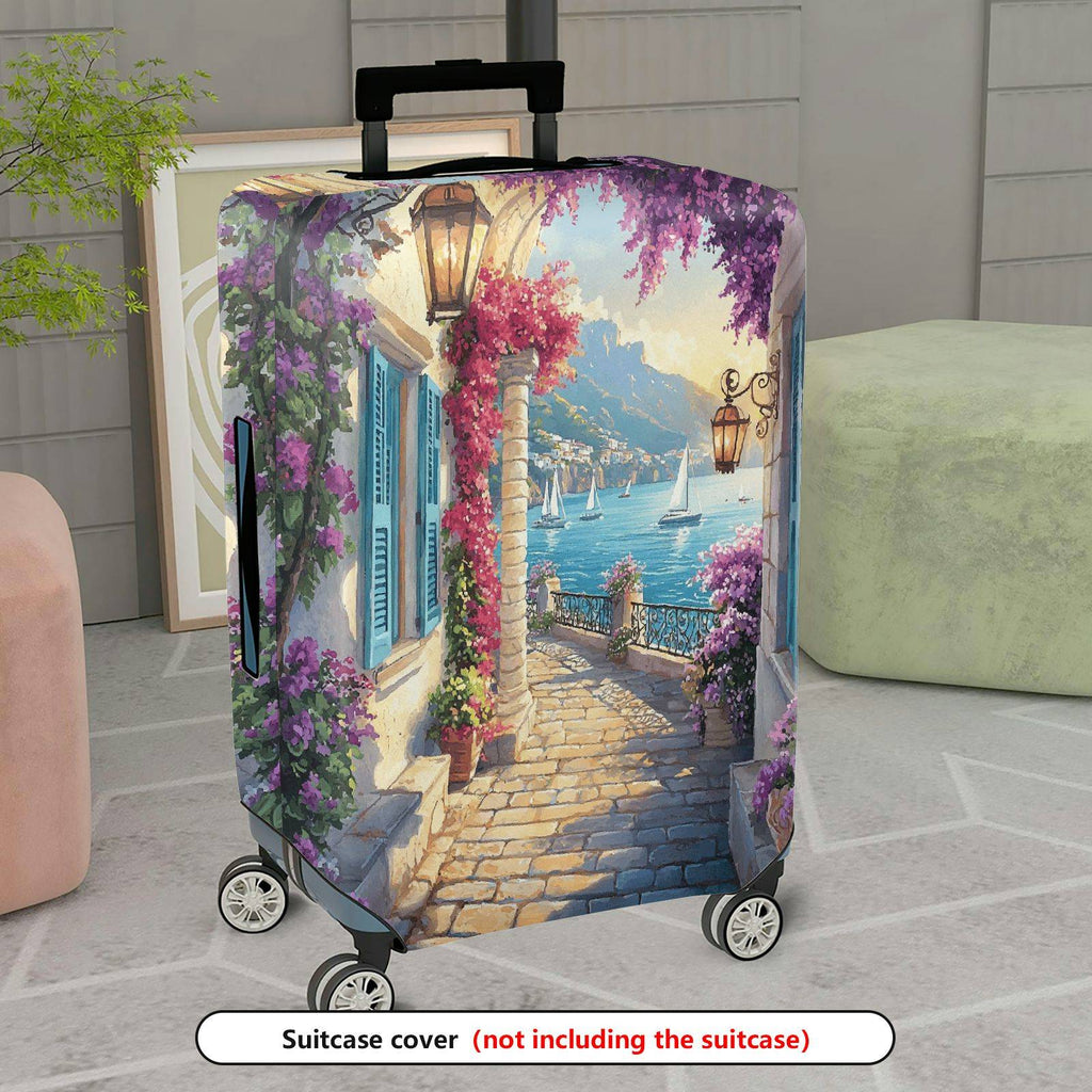 1-Piece Mediterranean Coastal Floral Landscape Sailboats Lantern  Suitcase Luggage Cover, Stretch Protective Sleeve