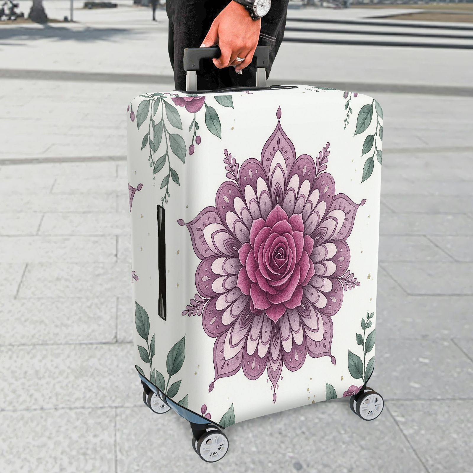 1-Piece Floral Mandala Rose Leaf Artistic Bohemian Spiritual  Suitcase Luggage Cover, Stretch Protective Sleeve