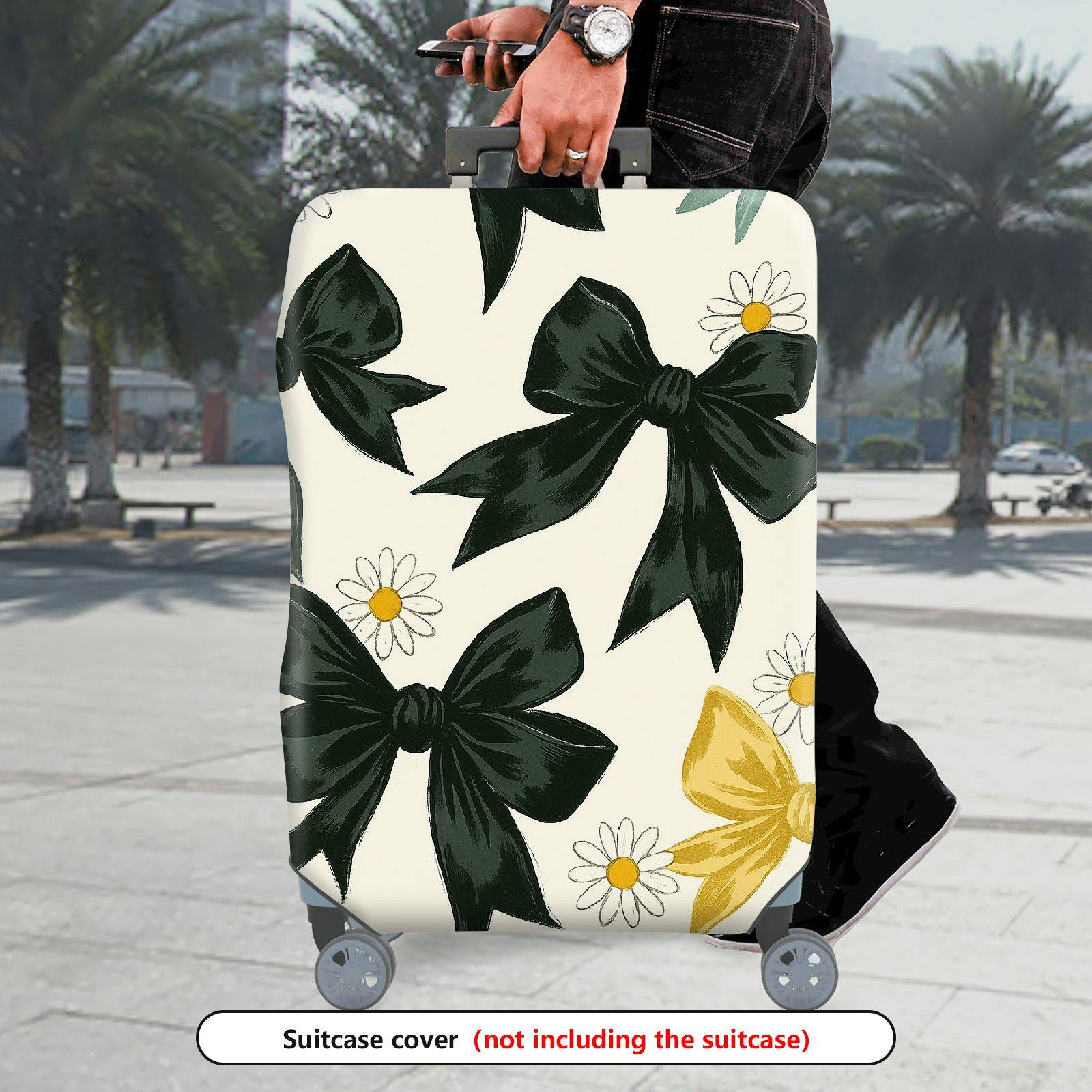 1-Piece Elegant Black Bow Daisy Floral Leaf  Suitcase Luggage Cover, Stretch Protective Sleeve