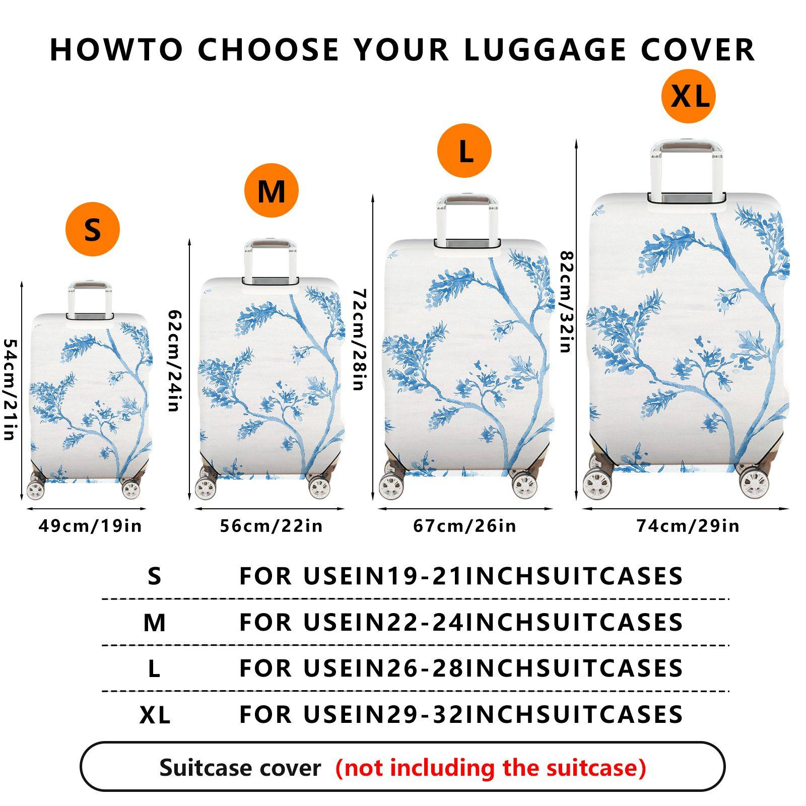 1-Piece White Blue Floral Branch Art Design  Suitcase Luggage Cover, Stretch Protective Sleeve