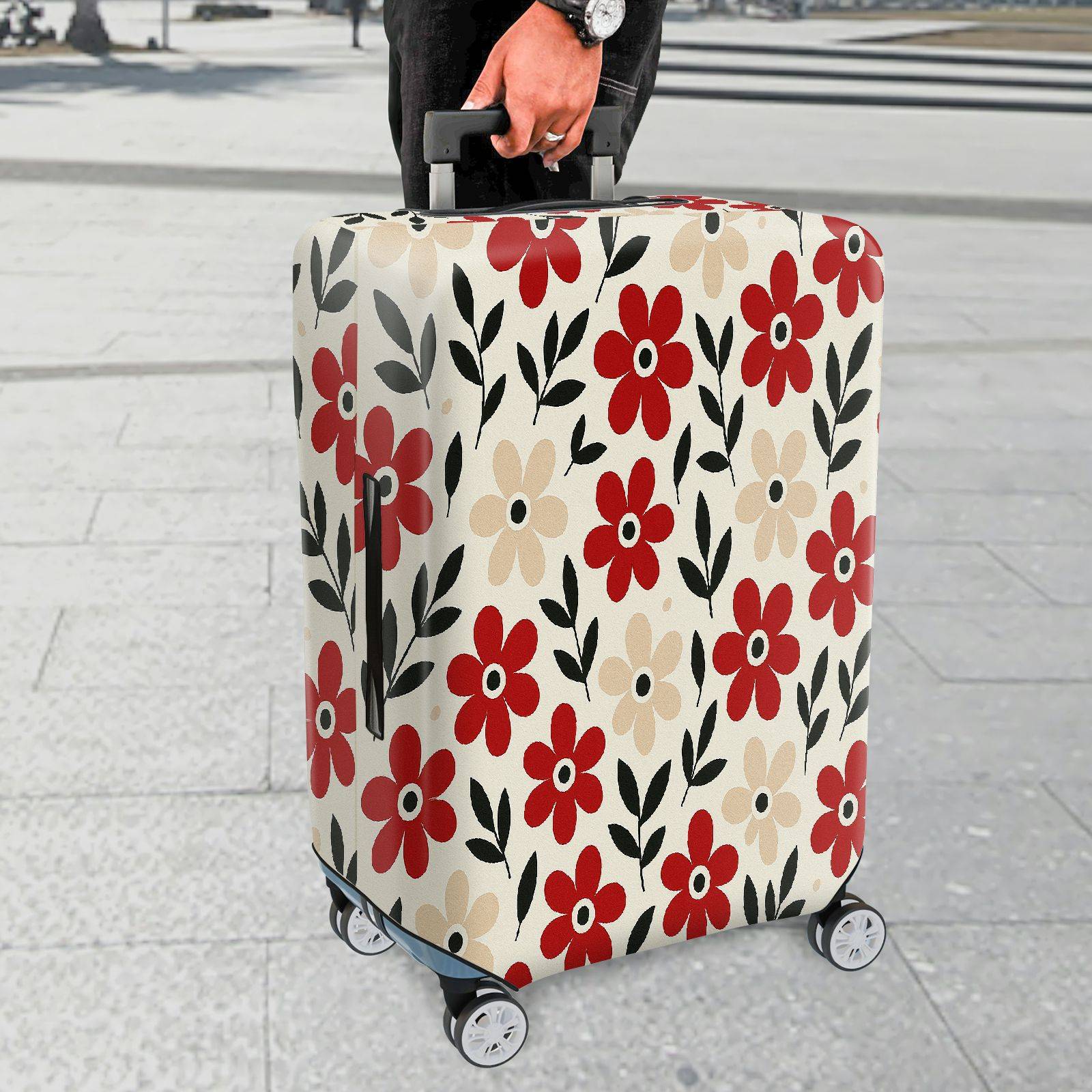 1-Piece Floral Plant Leaf Red Beige Black  Suitcase Luggage Cover, Stretch Protective Sleeve