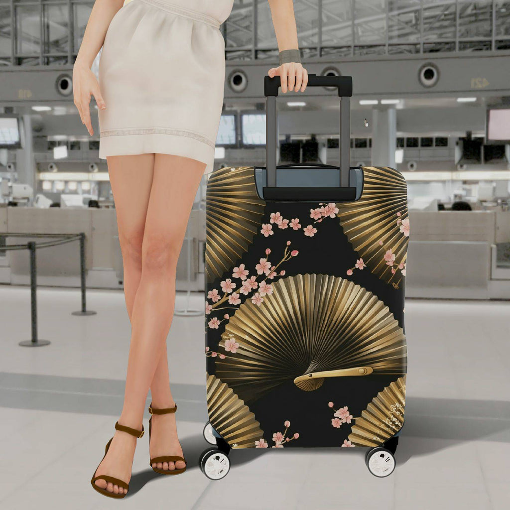 1-Piece Floral Gold Fan Geometric Black Cherry Blossom  Suitcase Luggage Cover, Stretch Protective Sleeve
