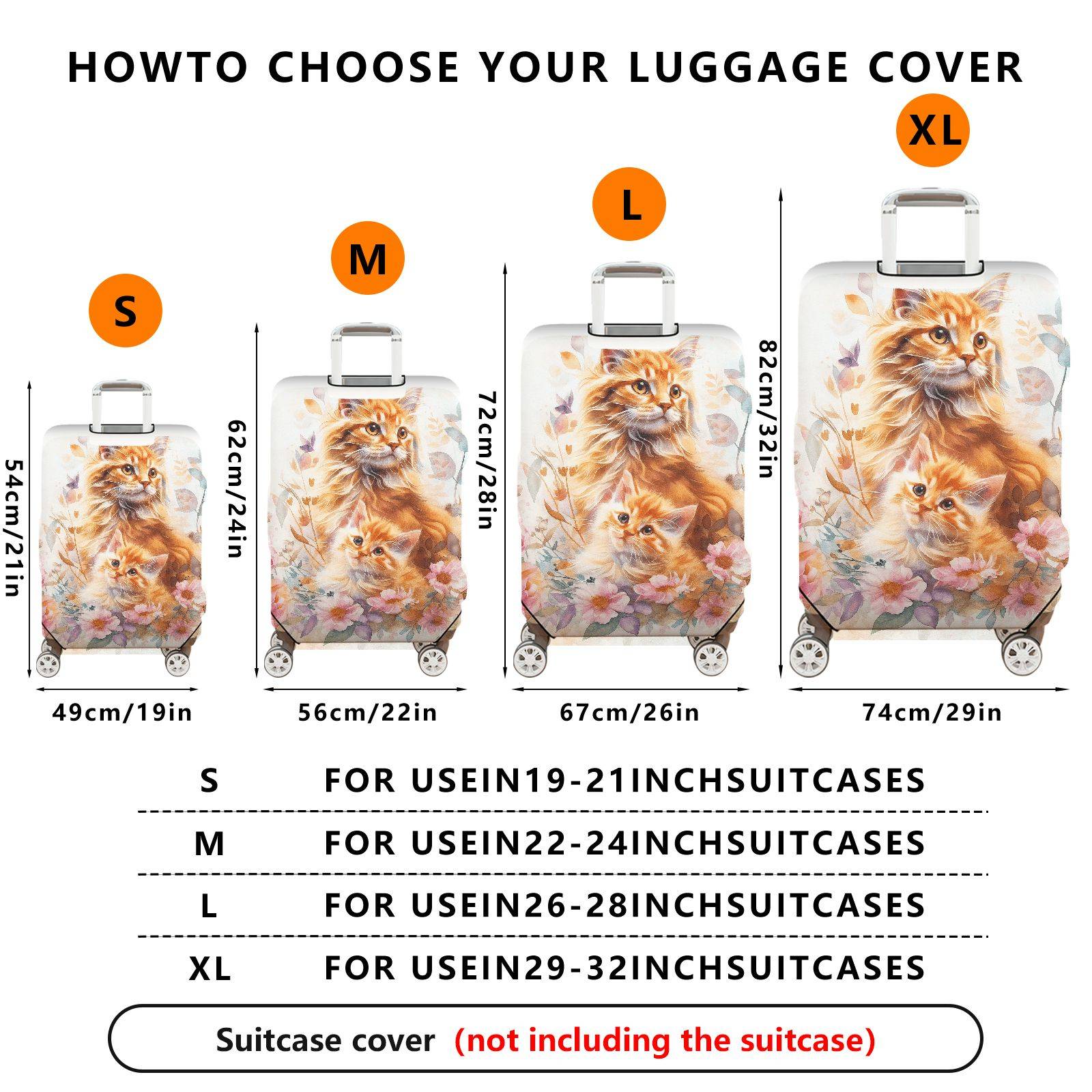 1-Piece Floral Cute Cat Artistic Nature Animal Print  Suitcase Luggage Cover, Stretch Protective Sleeve