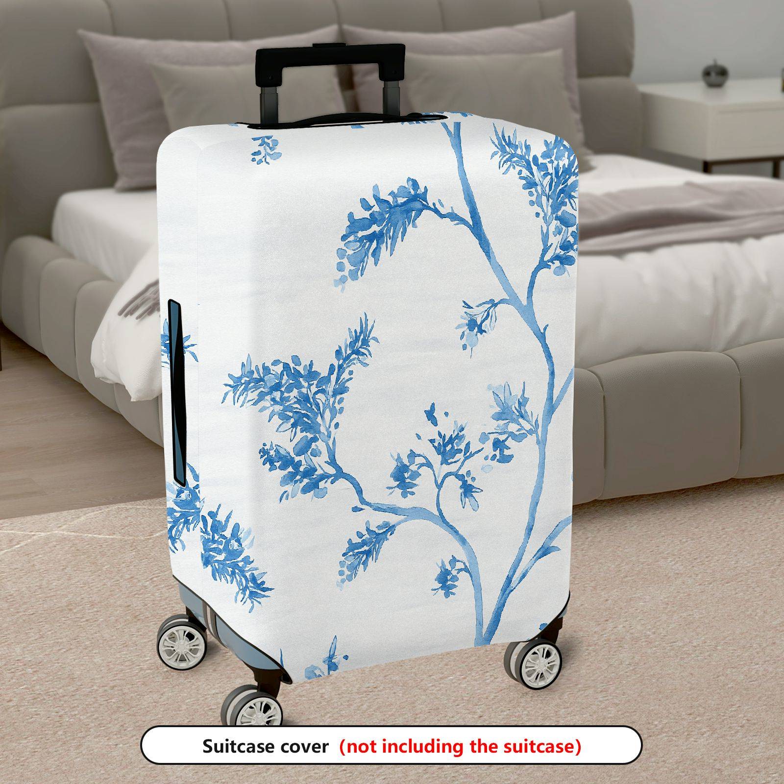 1-Piece White Blue Floral Branch Art Design  Suitcase Luggage Cover, Stretch Protective Sleeve
