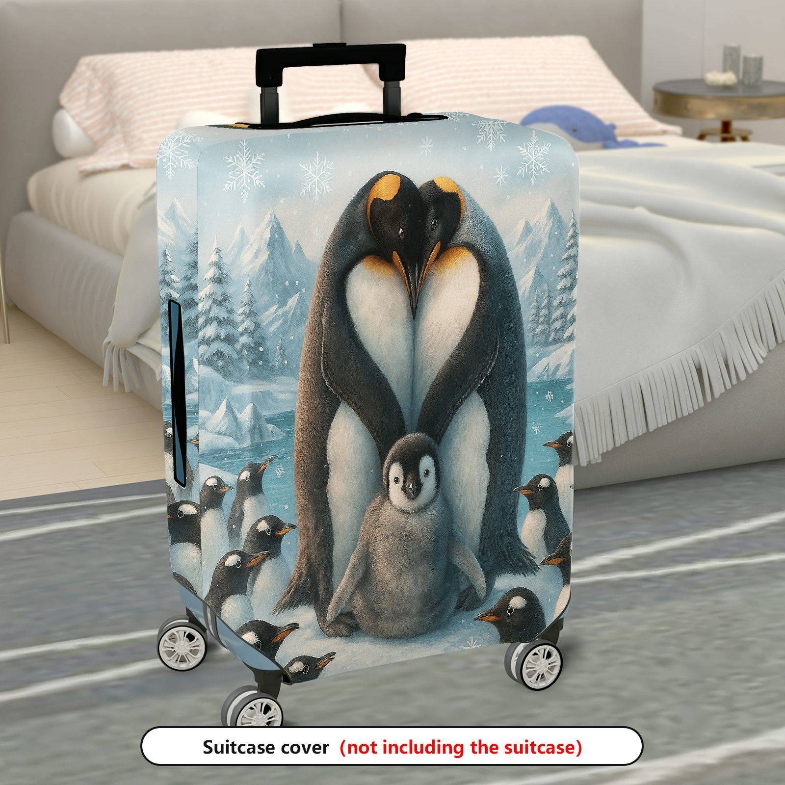 1-Piece Penguin Family Winter Snow Forest Christmas Holiday  Suitcase Luggage Cover, Stretch Protective Sleeve