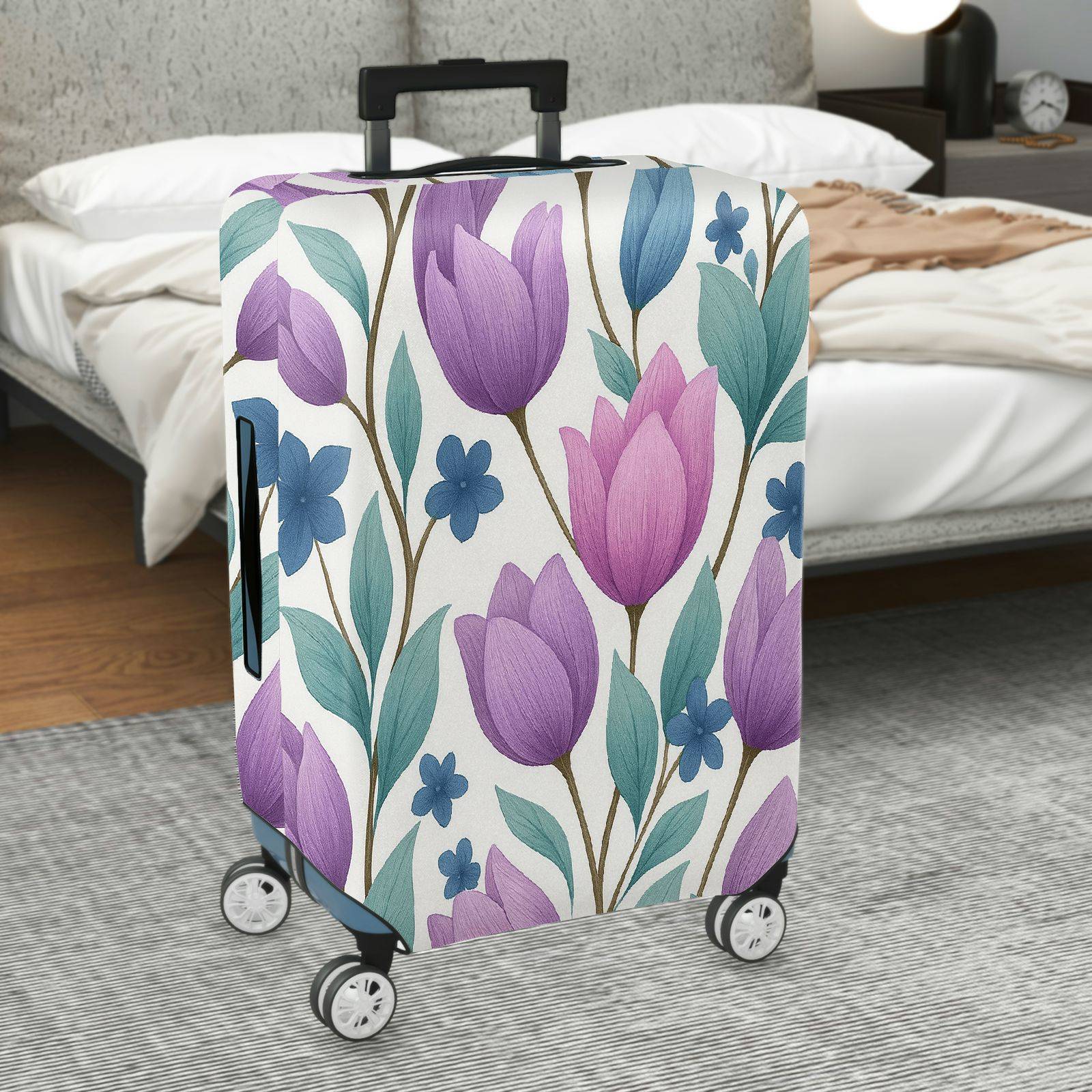 1-Piece Purple Floral Pattern Tulip Leaf Blue Blossom  Suitcase Luggage Cover, Stretch Protective Sleeve
