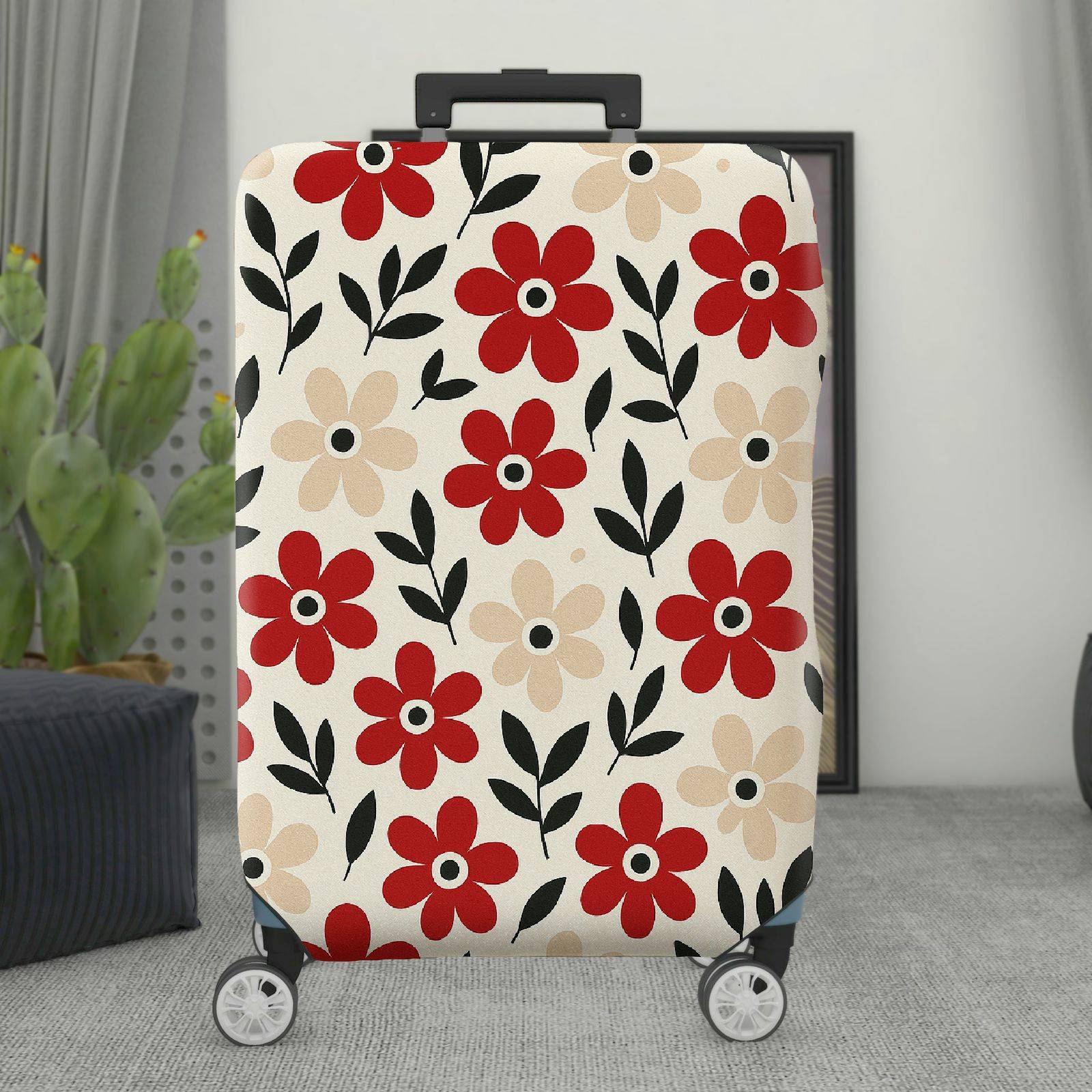 1-Piece Floral Plant Leaf Red Beige Black  Suitcase Luggage Cover, Stretch Protective Sleeve